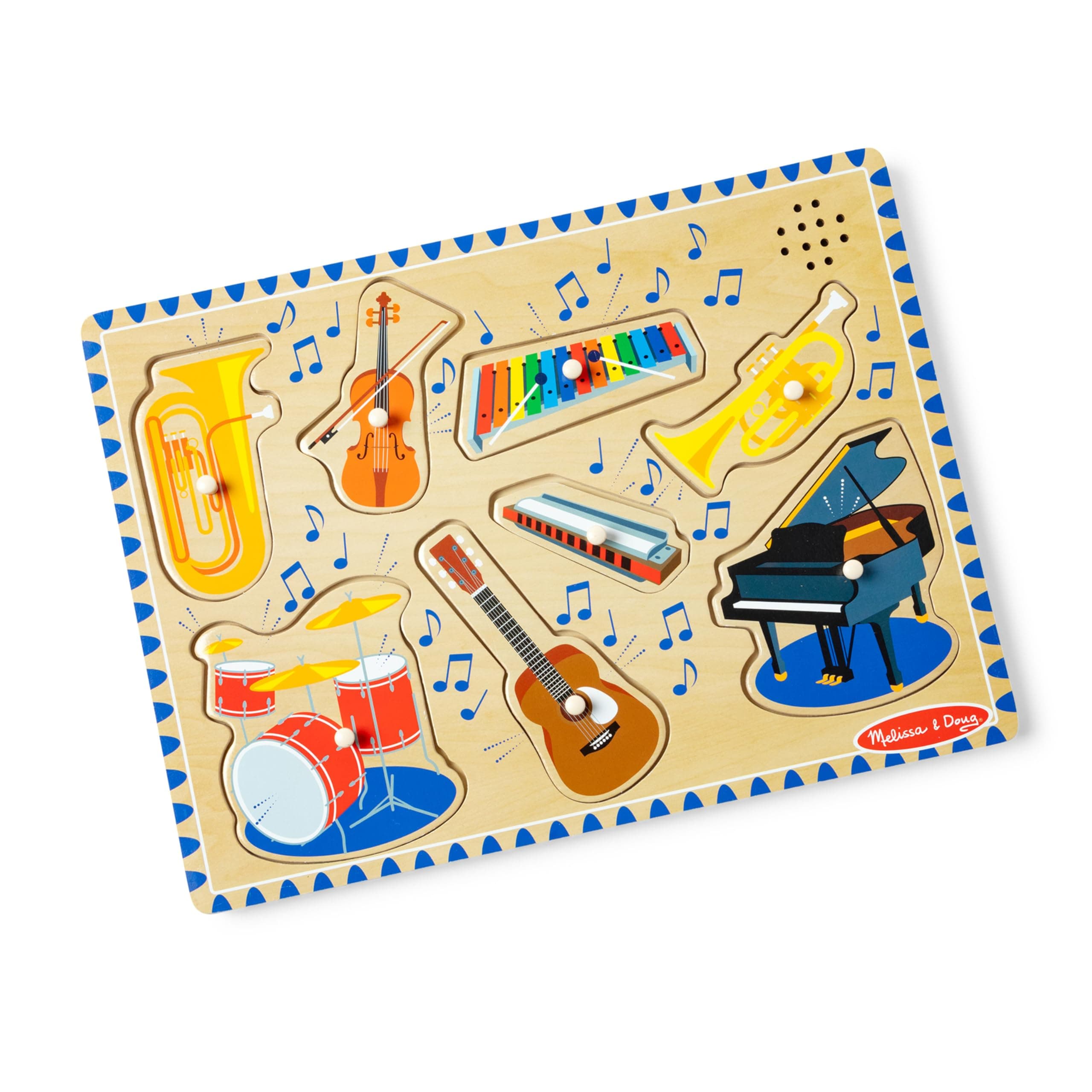 Melissa & Doug Musical Instruments Sound Puzzle – 8-Piece Wooden Peg Puzzle with Realistic Instrument Sounds for Music Recognition, Fine Motor Skills & Interactive Play for Kids Ages 2+ | MD732