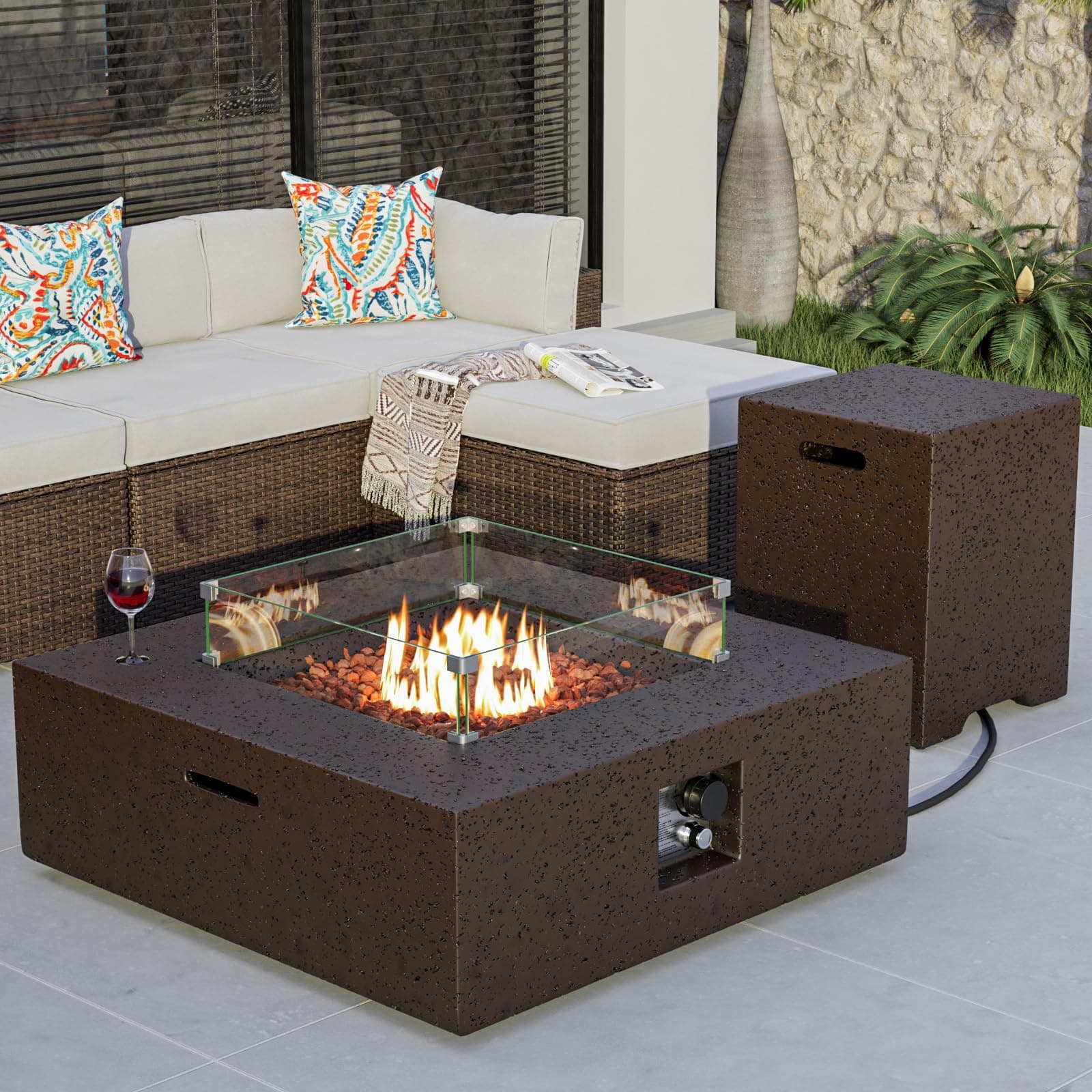 COSIEST Outdoor Propane Fire Pit Coffee Table w Square Faux Stone 35-inch Base, Certified, 50,000 BTU Stainless Steel Burner, Free Lava Rocks and Rain Cover, Wind Guard, Tank Cover, Brown
