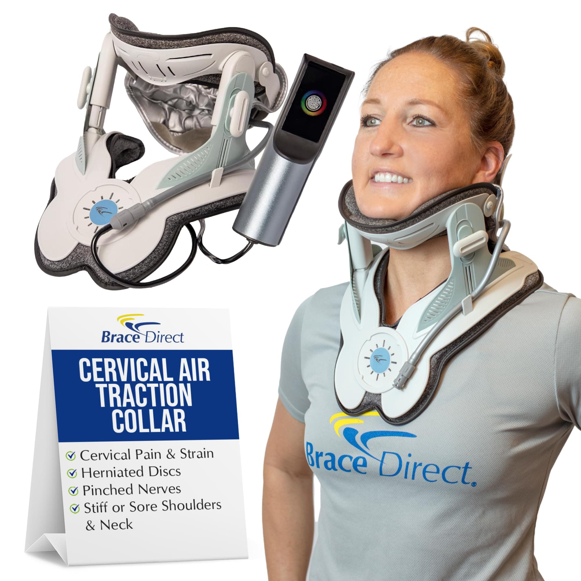Brace Direct Cervical Traction Collar with Touch Screen Electric Pump - Neck Traction Device for Neck and Shoulder Pain Relief, Pinched Nerves, Herniated Disc, Stiff Neck - by