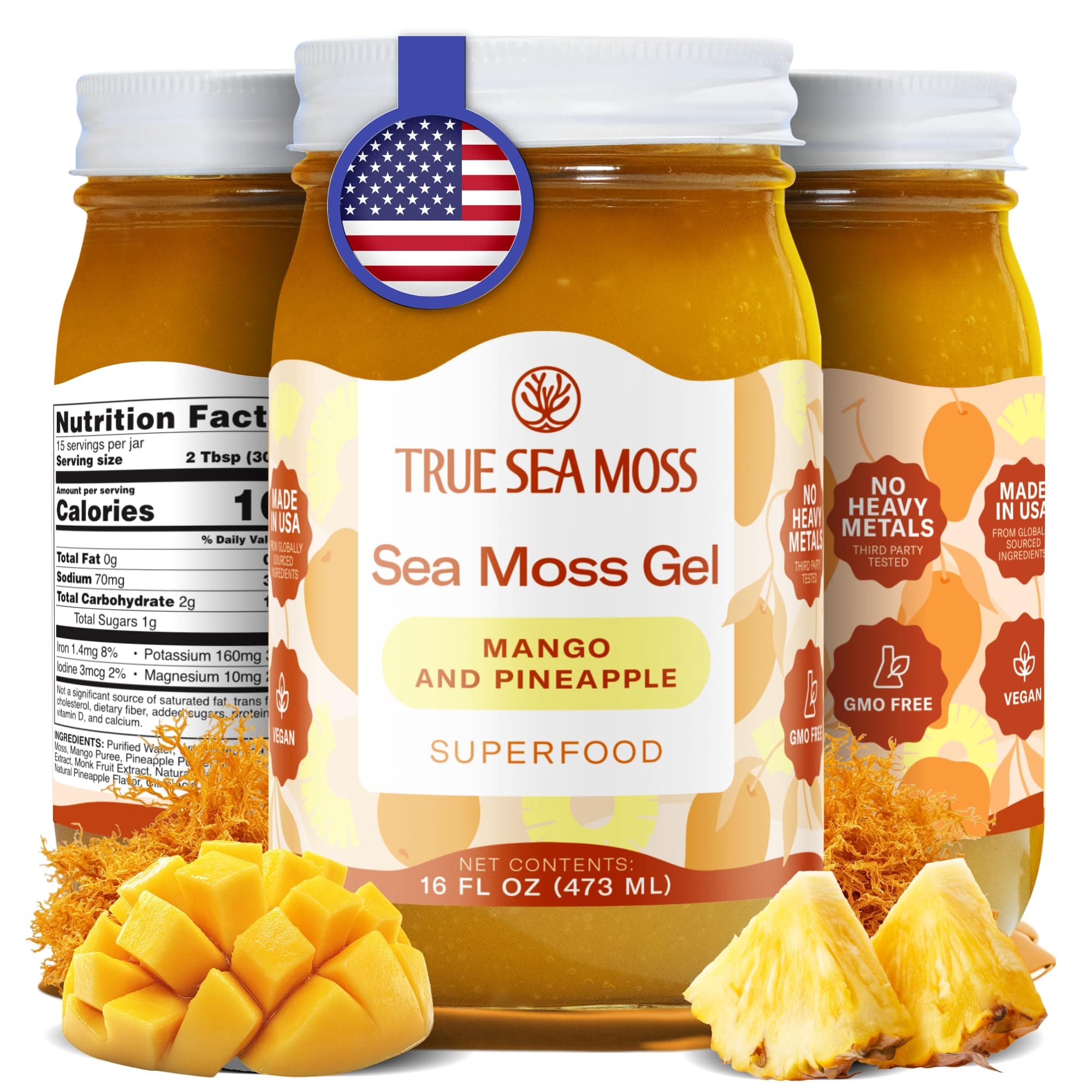 TrueSeaMoss Wildcrafted Irish Sea Moss Gel - Seamoss, Gut Health & Antioxidant Supports - Made in USA (MANGO/PINEAPPLE, Pack of 1)