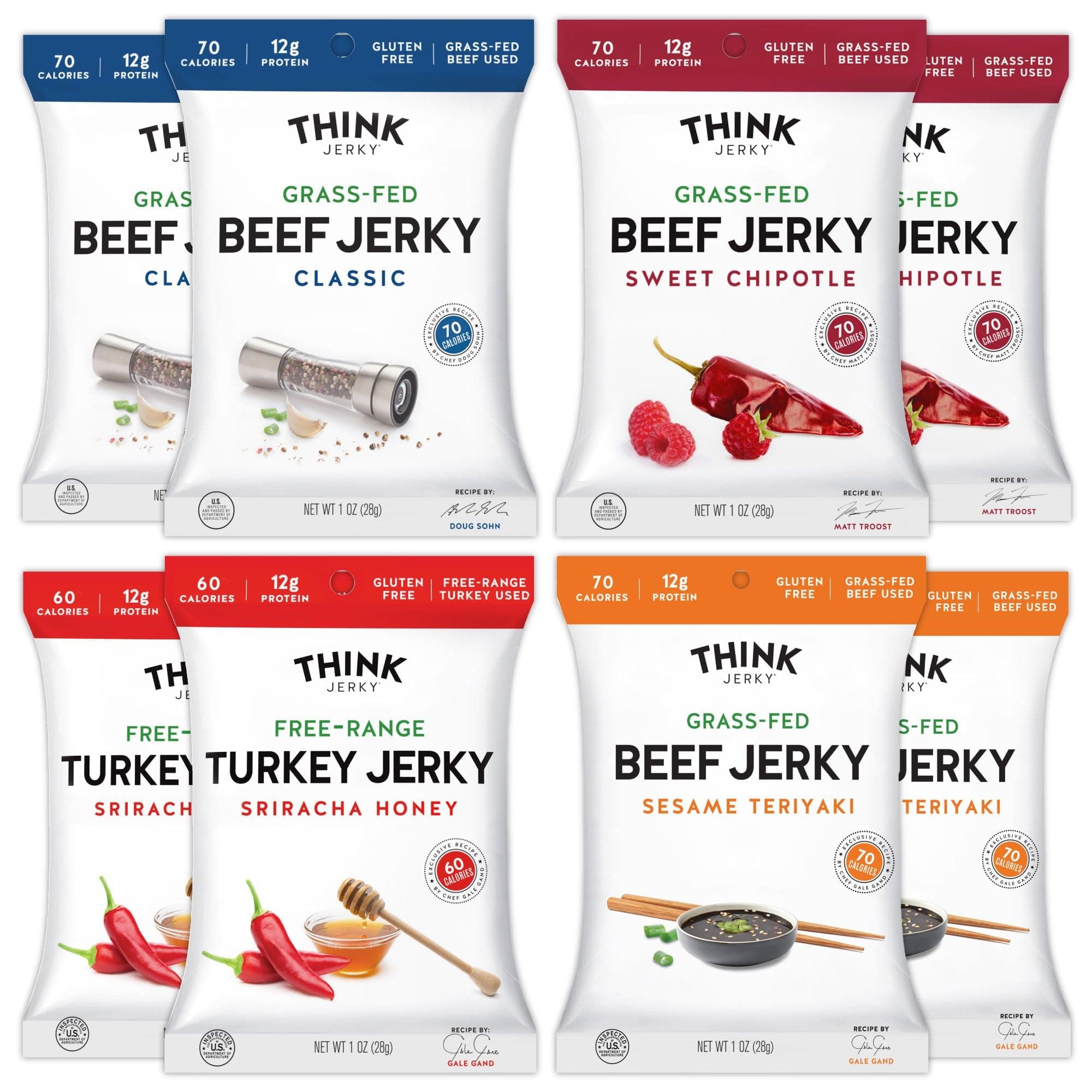 Think Jerky Beef and Turkey Jerky Variety Pack, Classic, Sweet Chipotle, Sriracha Honey, Sesame Teriyaki, Healthy Meat Snack, Low Calorie Low Fat - 1.0 oz Bags, 8 Pack, 2 of Each