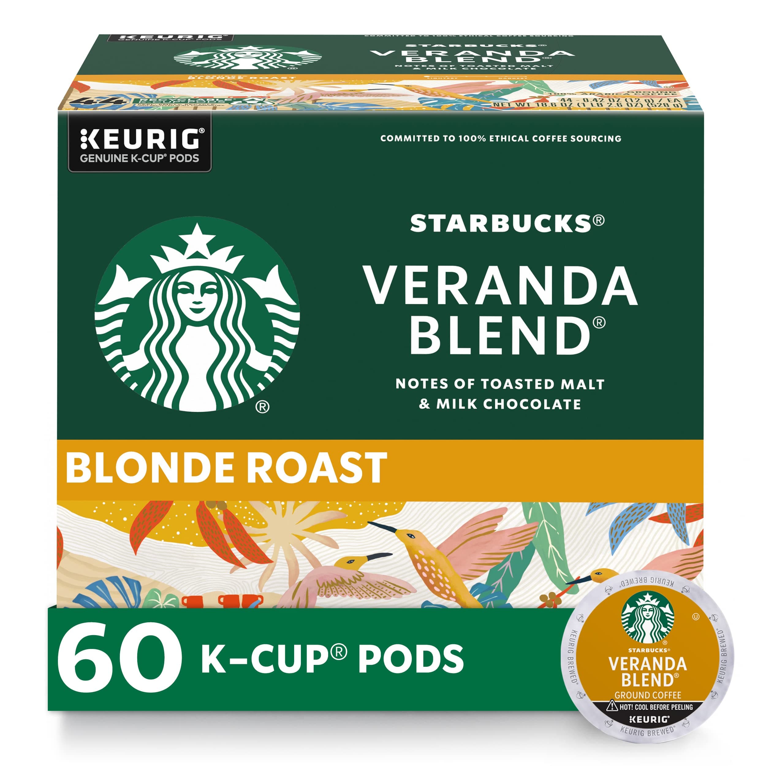 Starbucks K-Cup Coffee Pods, Starbucks Blonde Roast Hot or Iced Coffee, Veranda Blend, 60 Keurig Pods