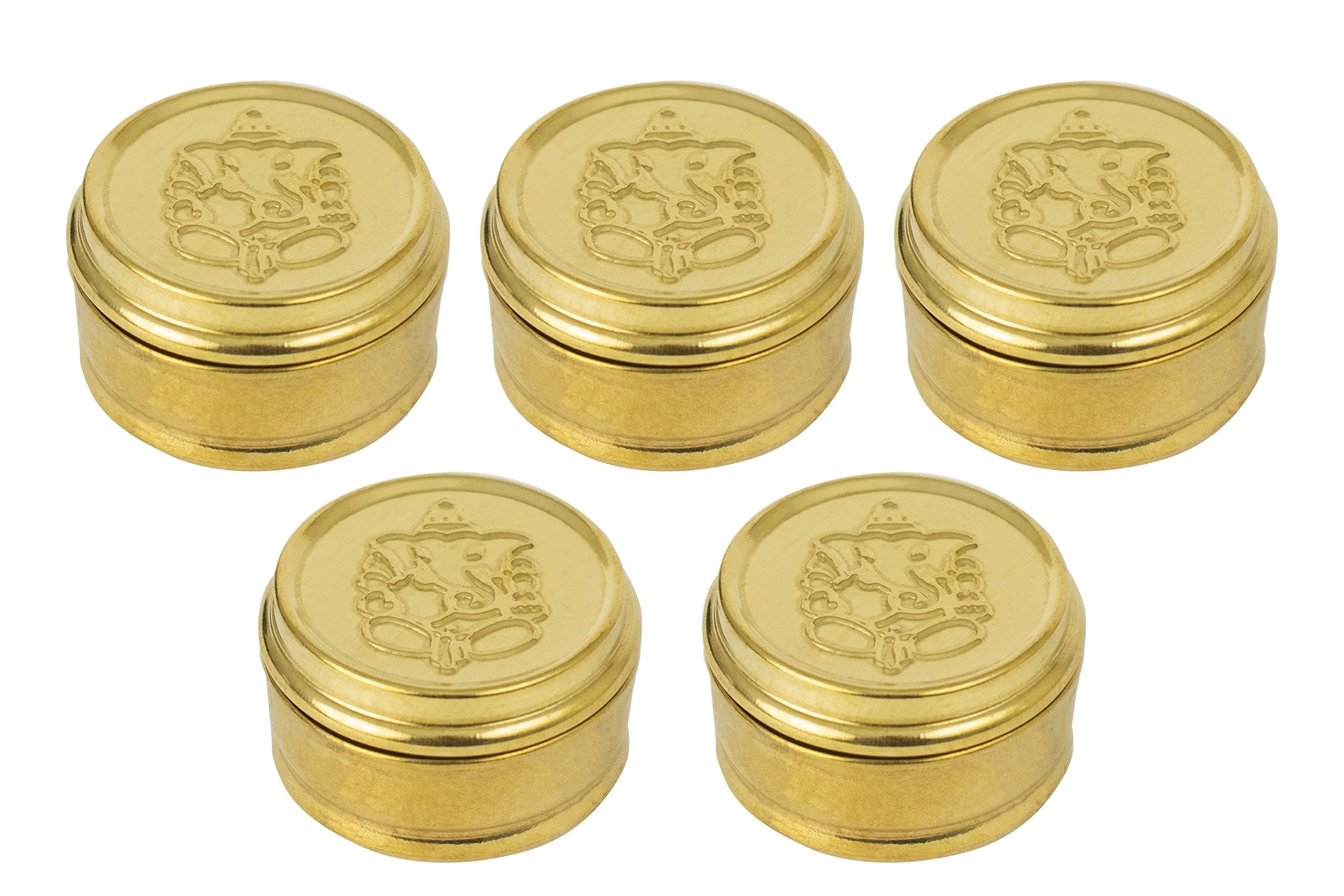 Brass Box Pooja | Puja | Roli | Chawal | Chandan | Haldi | Kumkum Puja Box | Sindoor | Turmeric | Dabbi | Dibbi | Dhani | Dani Lid Holder -Small Dabbi pack of 5