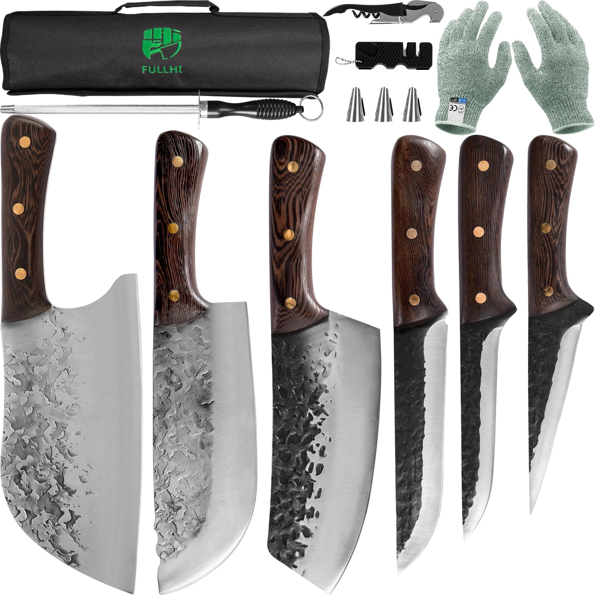 12pcs Hand Forged Butcher Knife Fish Bone Kitchen Knife Full Tongs High Carbon Steel Chef Knife for Camping, Barbecue