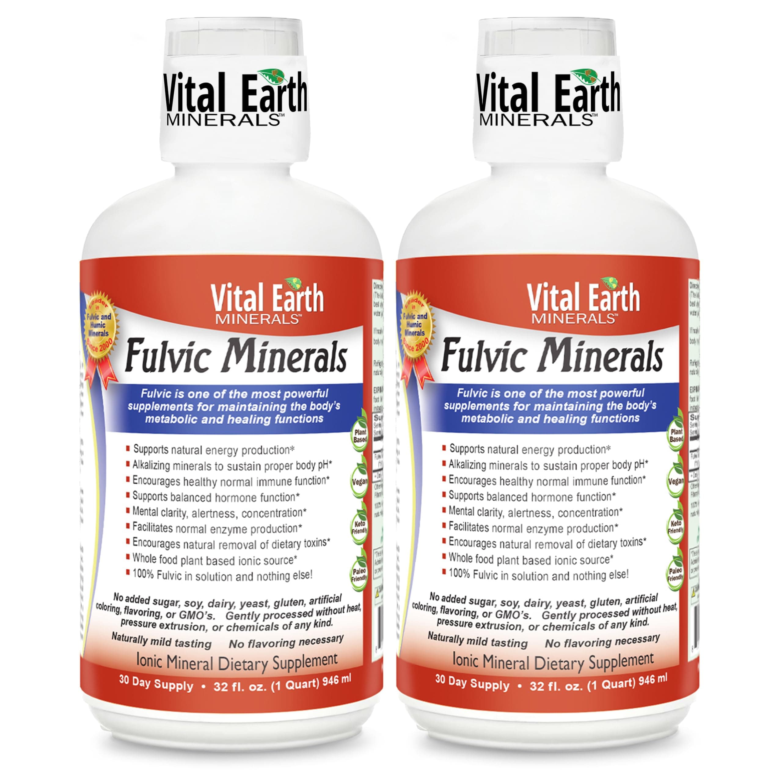 Vital Earth Minerals Fulvic Minerals Liquid – Fulvic Acid Supplement with 70+ Trace Minerals, Electrolytes for Energy & Vitality, 32 Oz Ea + 1 Oz Cup
