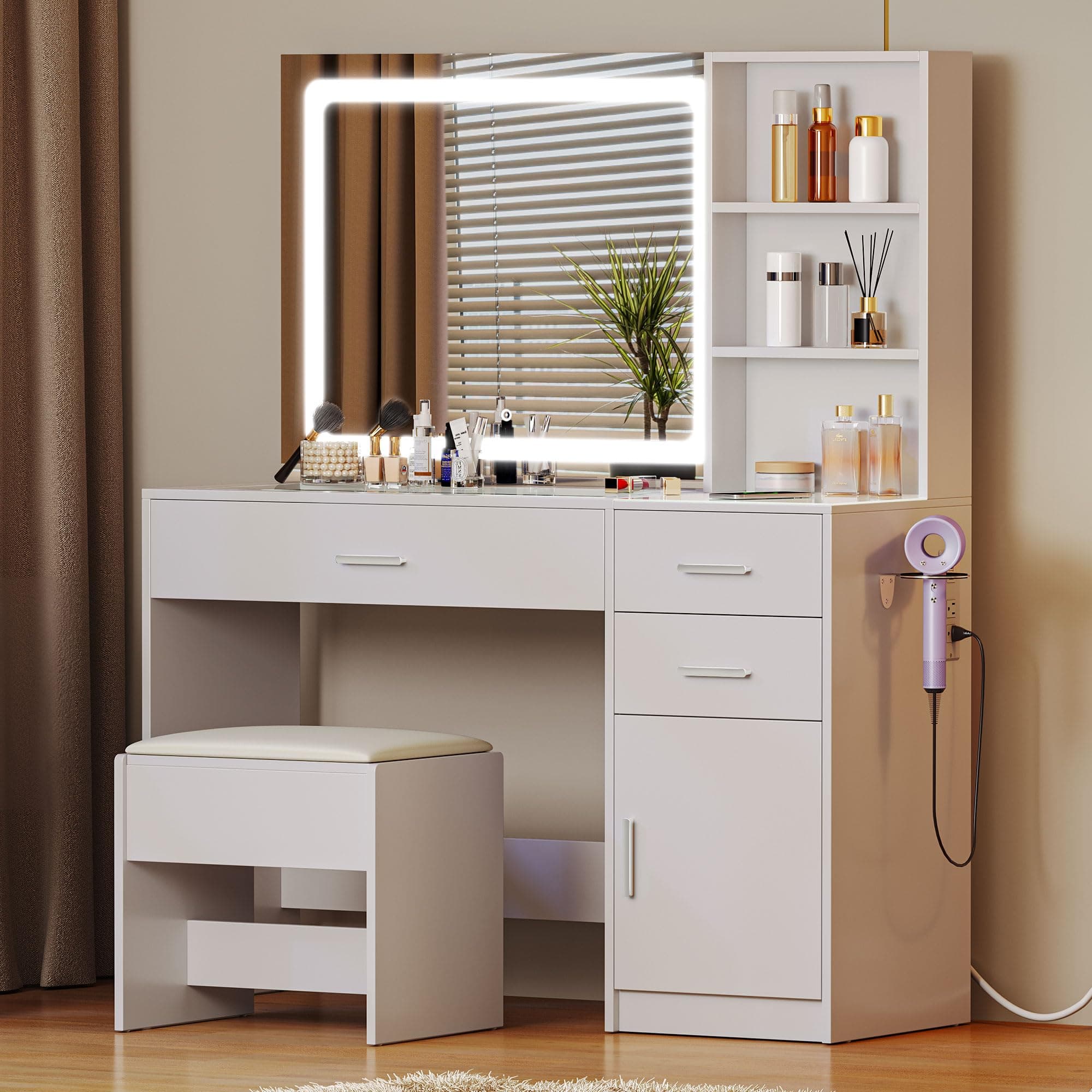 YITAHOM Dressing Table, Glass Top Vanity Table Makeup Desk with 3 Drawers and Storage Cabinets, White Bedroom Dressing Tables with Mirror and Stool, Make up Desk with Charging Station