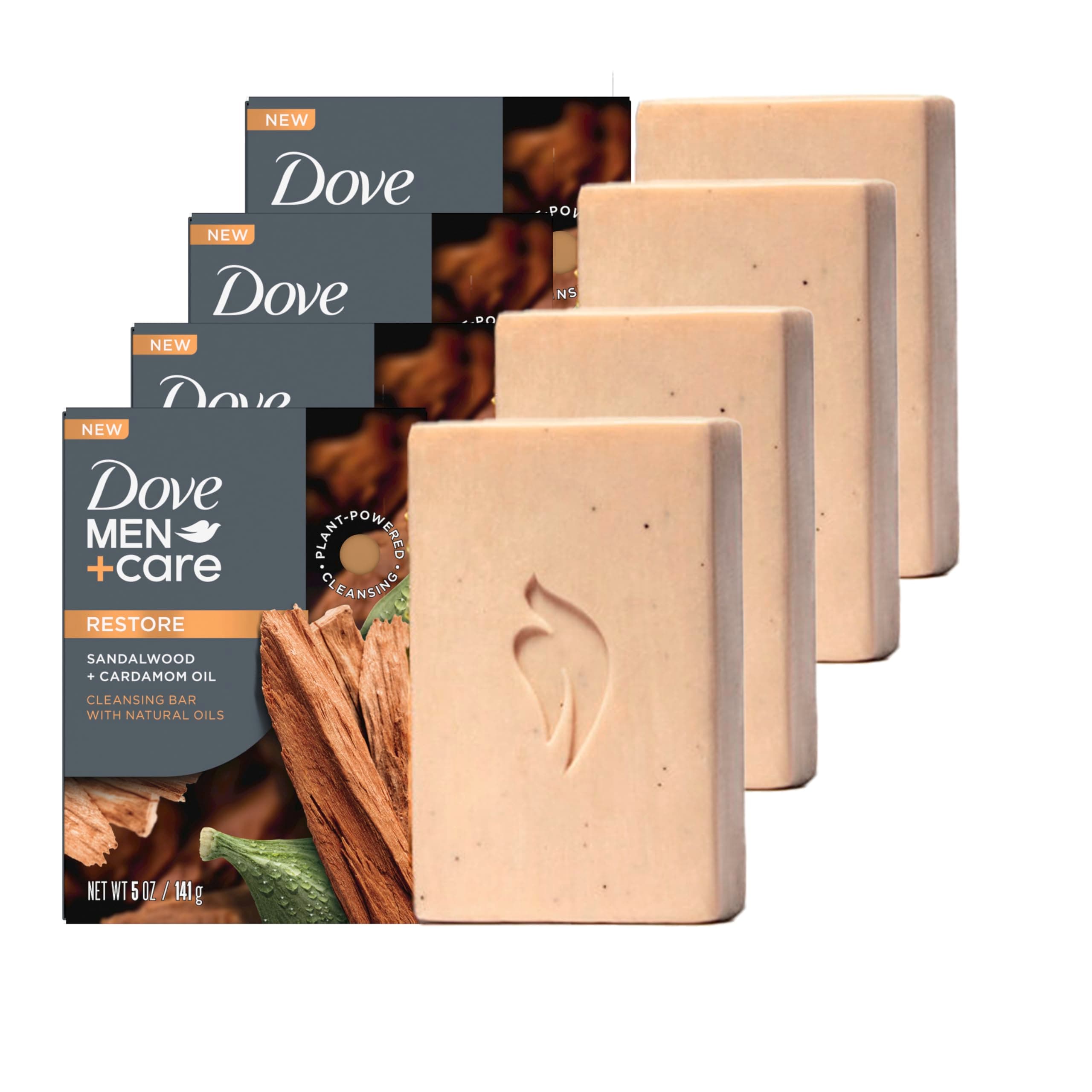 DOVE MEN + CARE Cleansing Bar Soap Sandalwood + Cardamom Oil 4 Bars to Rebuild Skin in the Shower, a 4in1 Hair, Body, Face & Shaving Bar with Plant-Based Cleanser and Natural Oils 5 oz