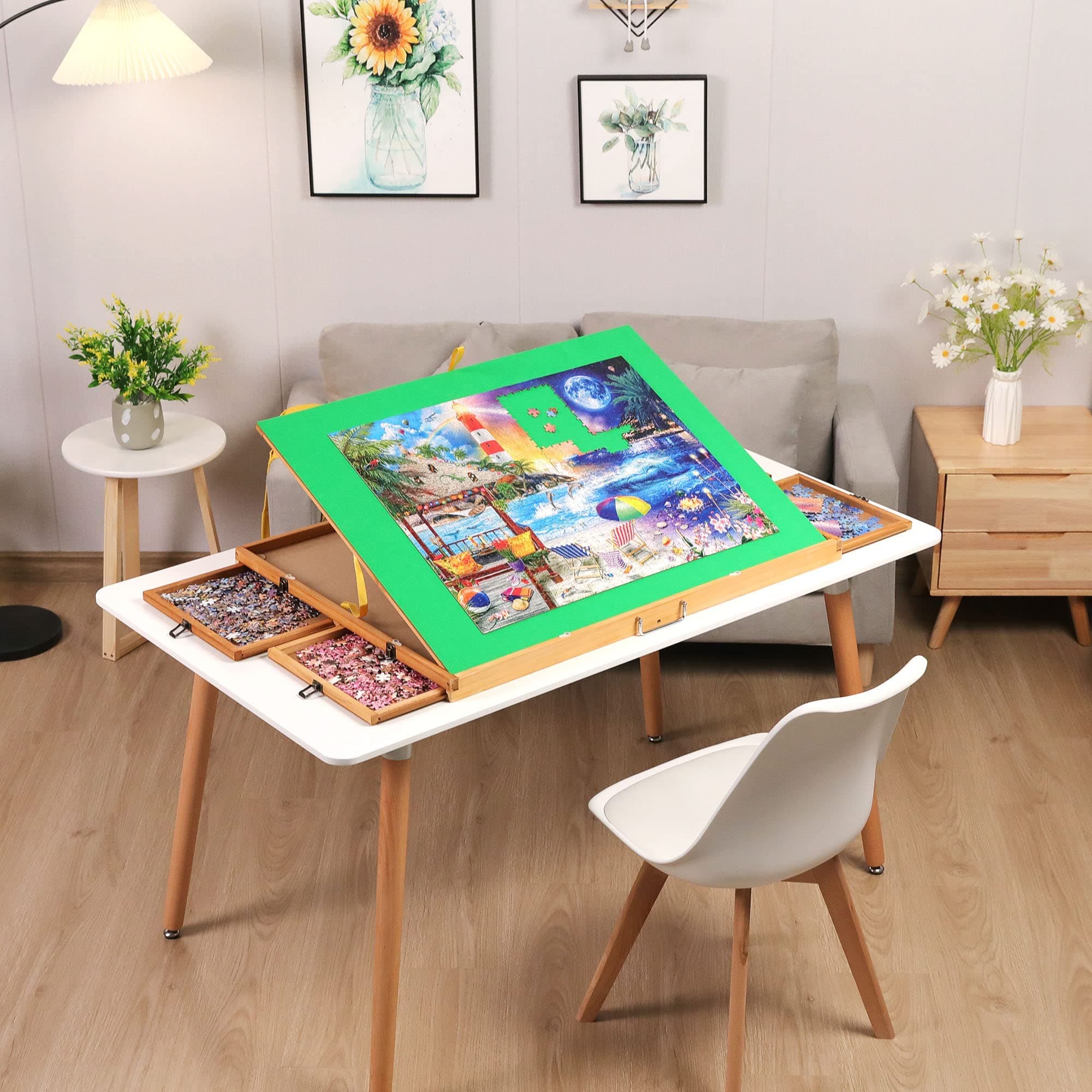 Jigsaw Puzzle Table with 4 Drawers 1500pcs Portable Puzzle Board with Wooden Puzzle Cover 3 Angles Tilting Puzzle Table for Adults Elder Teens