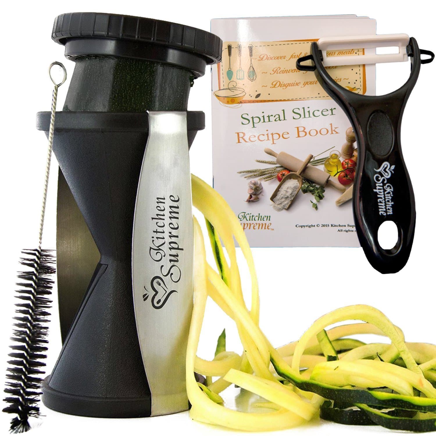 Zucchini Spaghetti Maker Complete Bundle - Best Spiraler Spiralizer with Peeler & Brush - Noddle Zoodler to Spiral Julienne & Fettuccine Pasta Hand Slicer - Low Carb/Keto/Paleo/Gluten Free CookBook