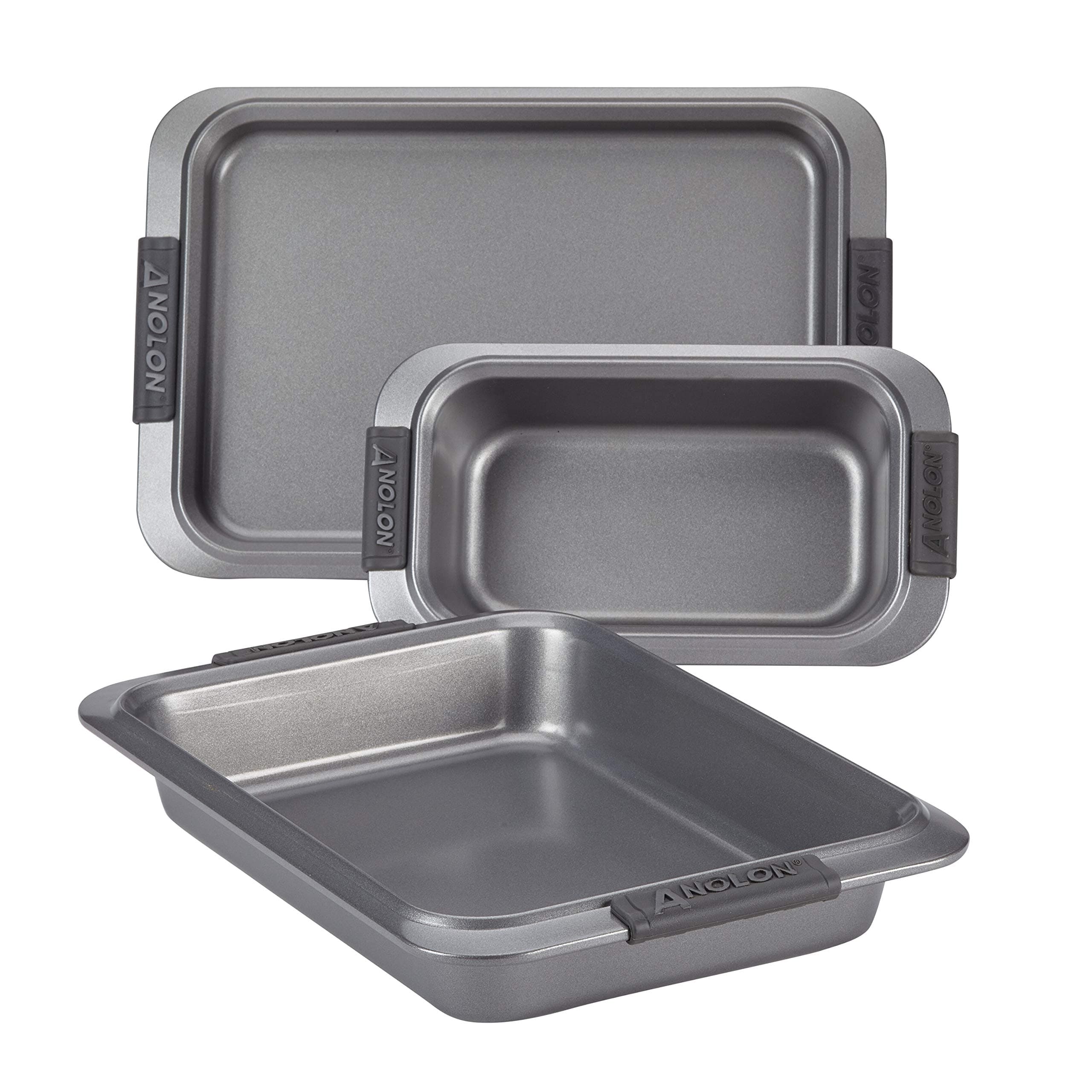 Anolon Advanced Nonstick Bakeware Set with Grips includes Nonstick Bread Pan, Cookie Sheet / Baking Sheet and Baking Pan - 3 Piece, Gray