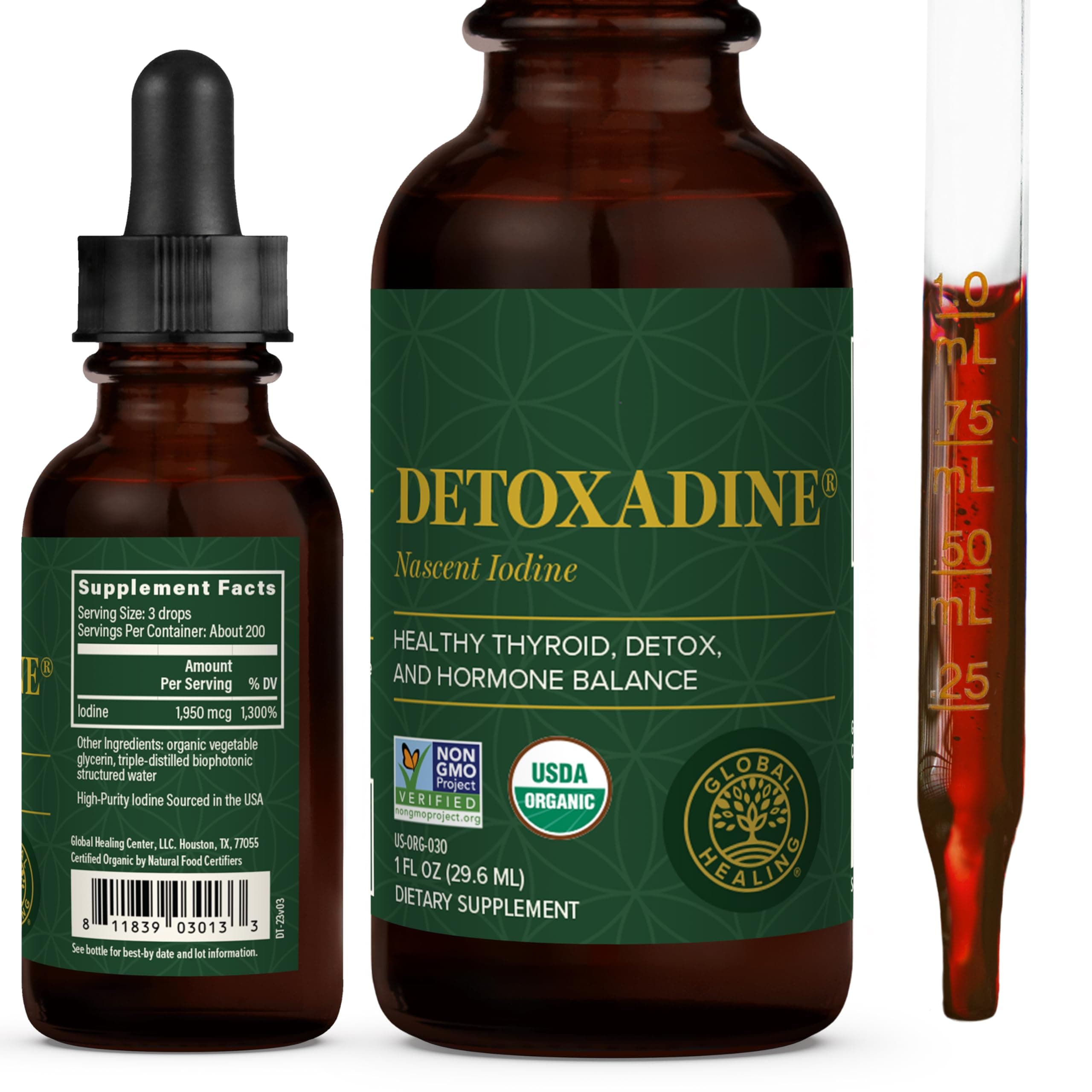 Global Healing Center Detoxadine, Organic Nascent Liquid Iodine Supplement Drops for Thyroid Support, 1950 mcg, Non-GMO, Vegan Friendly, 200 Servings, 6-Month Supply (1 Fl Oz)