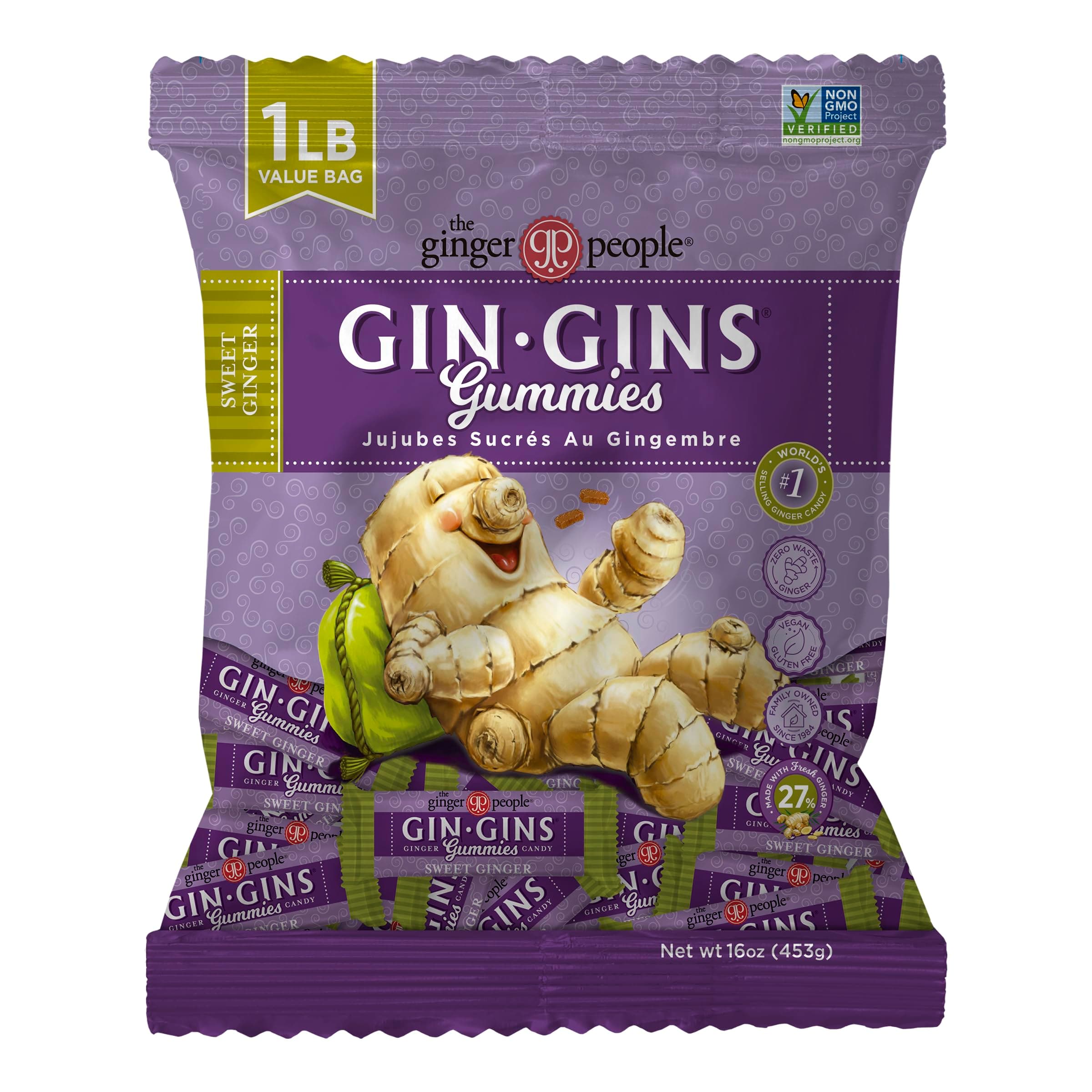 GIN GINS Sweet Ginger Gummies – Natural Fresh Ginger Candy by The Ginger People – Sweet Ginger Gummies Flavor – Large 1 lb Bag (16oz) – Pack of 1