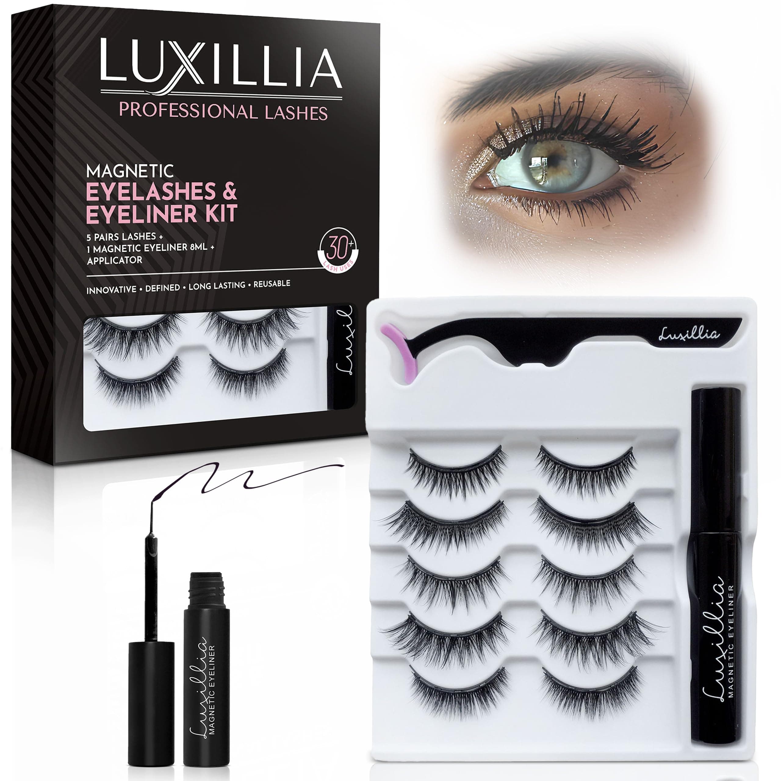 Luxillia 7-Piece Magnetic Eyelashes with Applicator & Magnetic Eyeliner Kit – Reusable Natural Magnetic Lashes – Easy Apply Lash Kit for Beginners – Waterproof, Short & Dramatic Looks