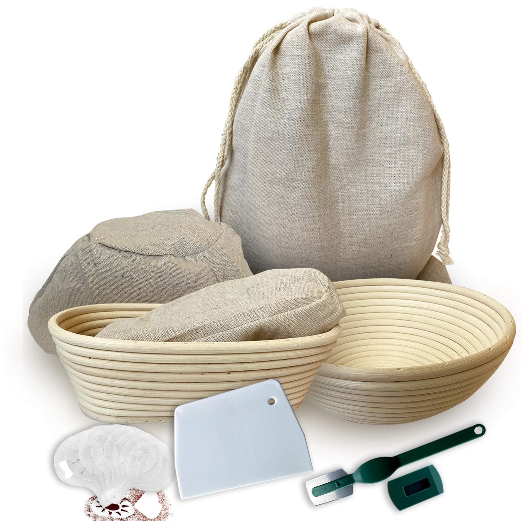 Banneton Bread Proofing Basket 23 Piece Set, Round 9 and Oval 10 Inch Rattan Sourdough Baskets with Dough Scraper, Scoring Lame, Linen Bread Bag, Bread Basket Liner and Bread Stencils
