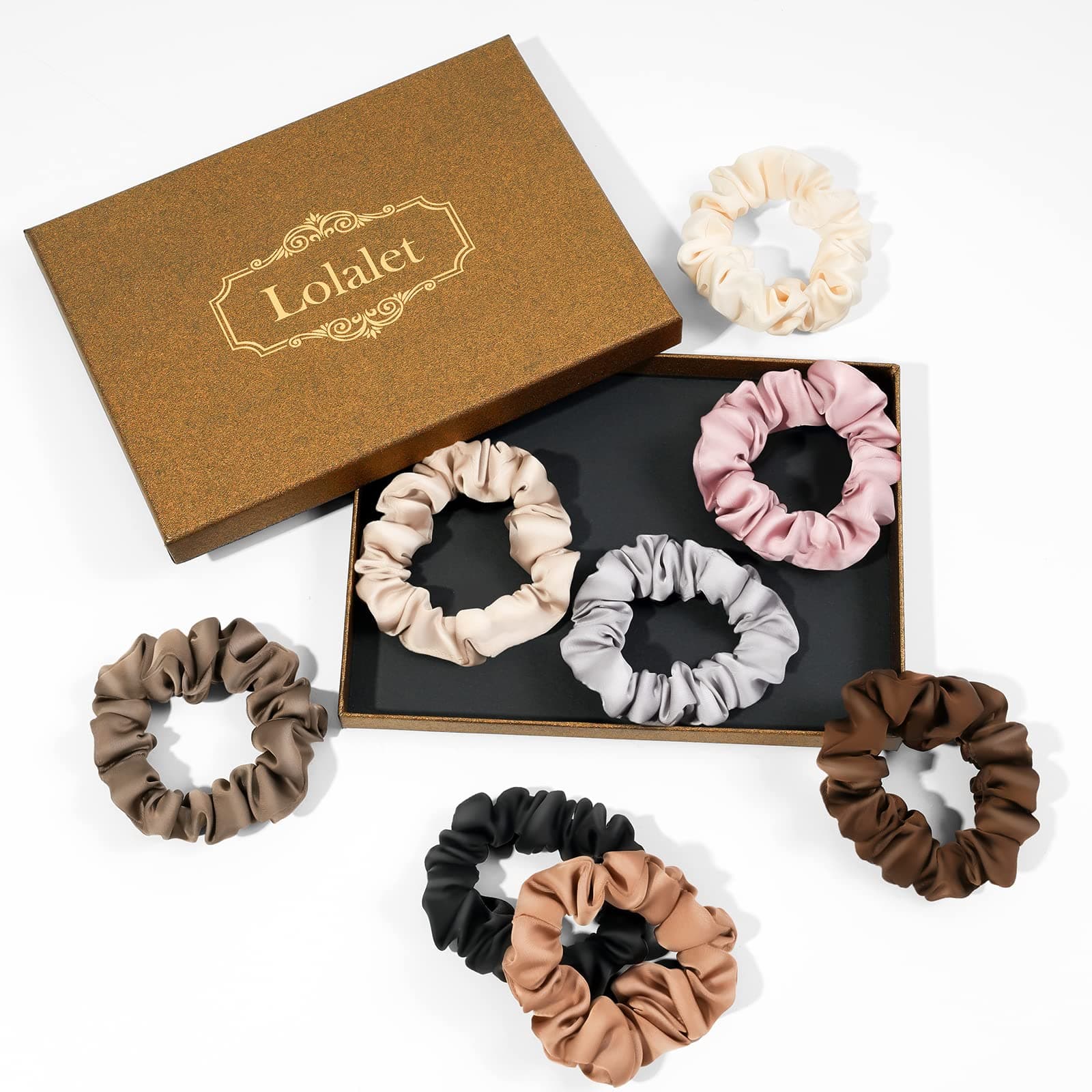 Lolalet Satin Hair Scrunchies for Women, Soft Silk Like Hair Ties, Medium Scrunchy Cute Ponytail Holder Hair Accessories with Elastic Hair Bands for Girls Thick Thin Curly Hair -8 Pack, Style A