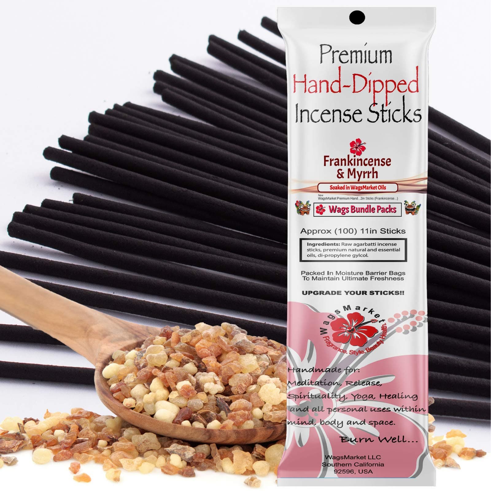 WagsMarket Premium Hand Dipped Incense Sticks, You Choose The Scent. 100-11in Sticks. (Frankincense and Myrrh)