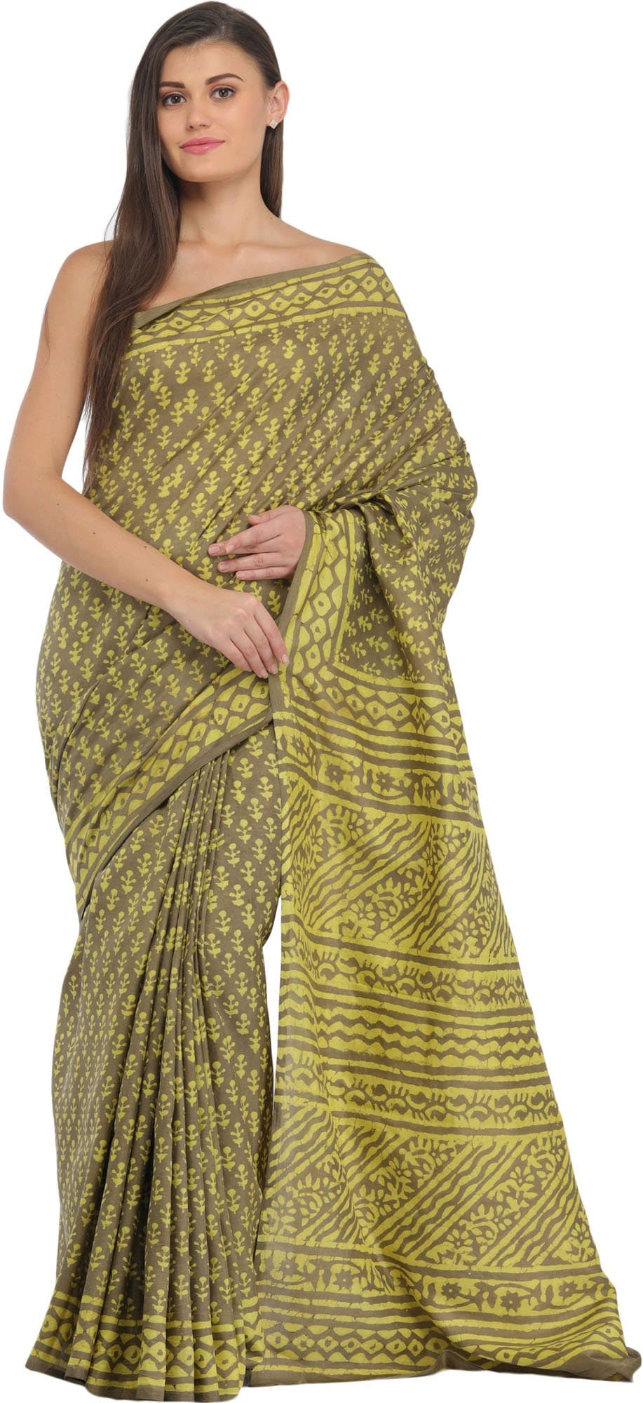 Exotic India Gothic-Olive Bagdoo Block-Printed Sari from Madhya Pradesh - Green