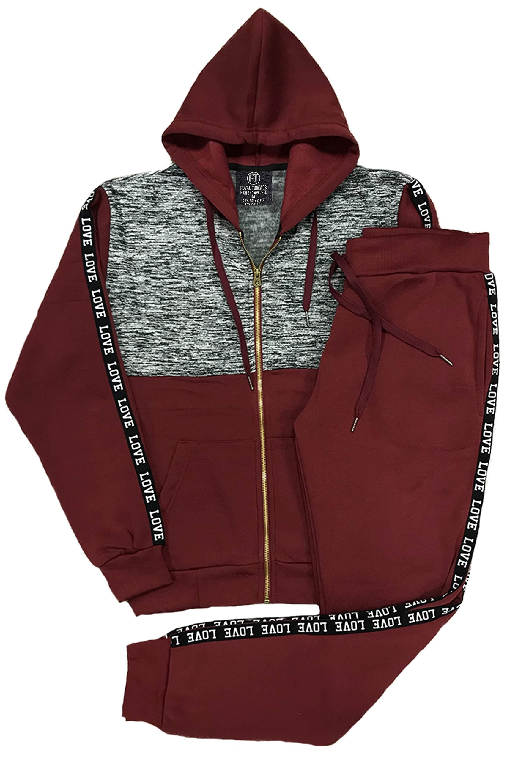 Women’s Lightweight Soft Fleece Sweat Suit Jogger Sweat Jacket Sweat Pants Activewear Love Stripe Outfit (Mehroon/Black, L)