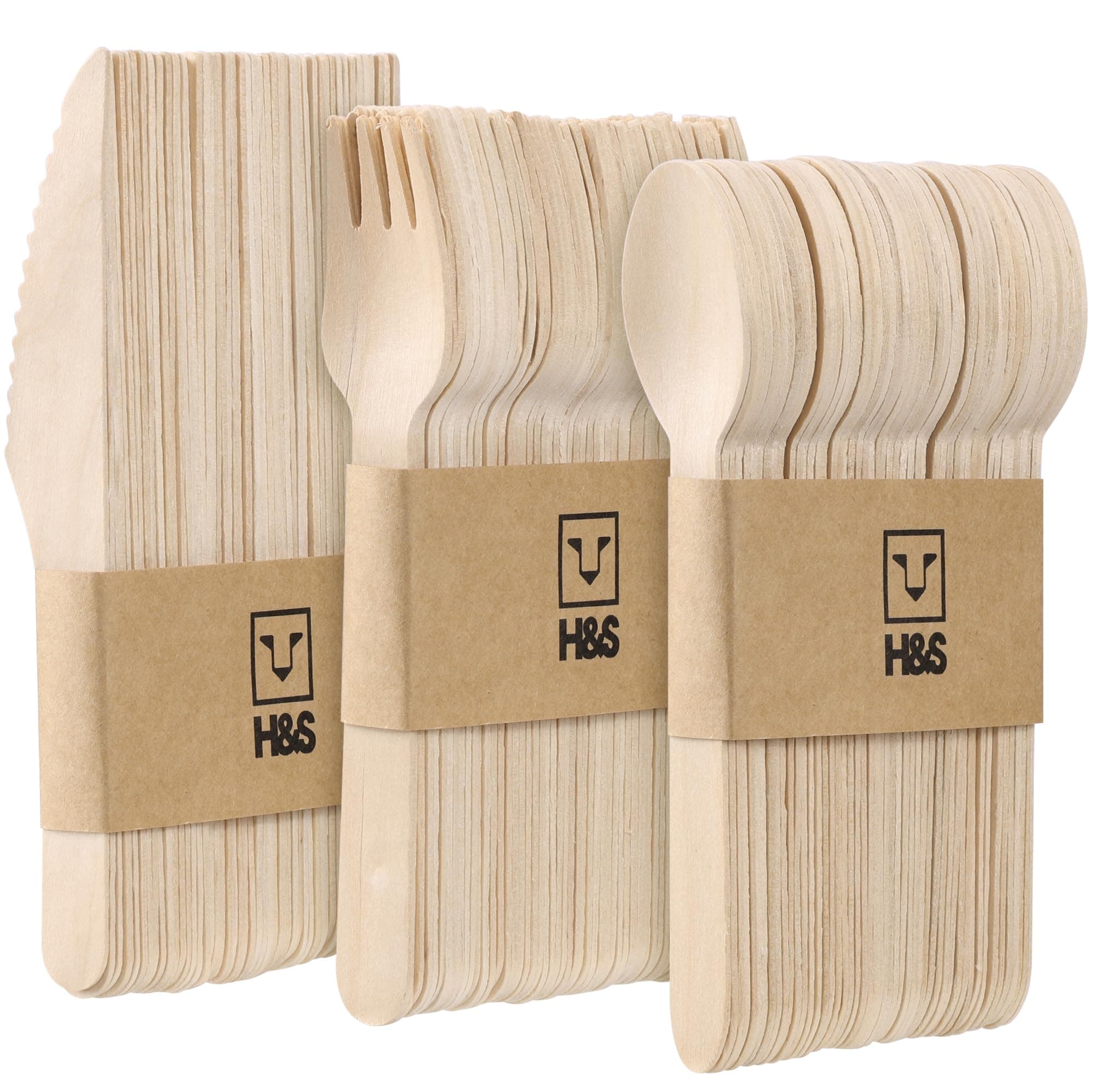 H&S Wooden Cutlery Set - Wood Spoon, Fork and Knife Set - Disposable Cutlery Alternative to Plastic Forks, Spoons, and Knives - Wooden Spoons, Knives, and Forks - 150 Piece Set