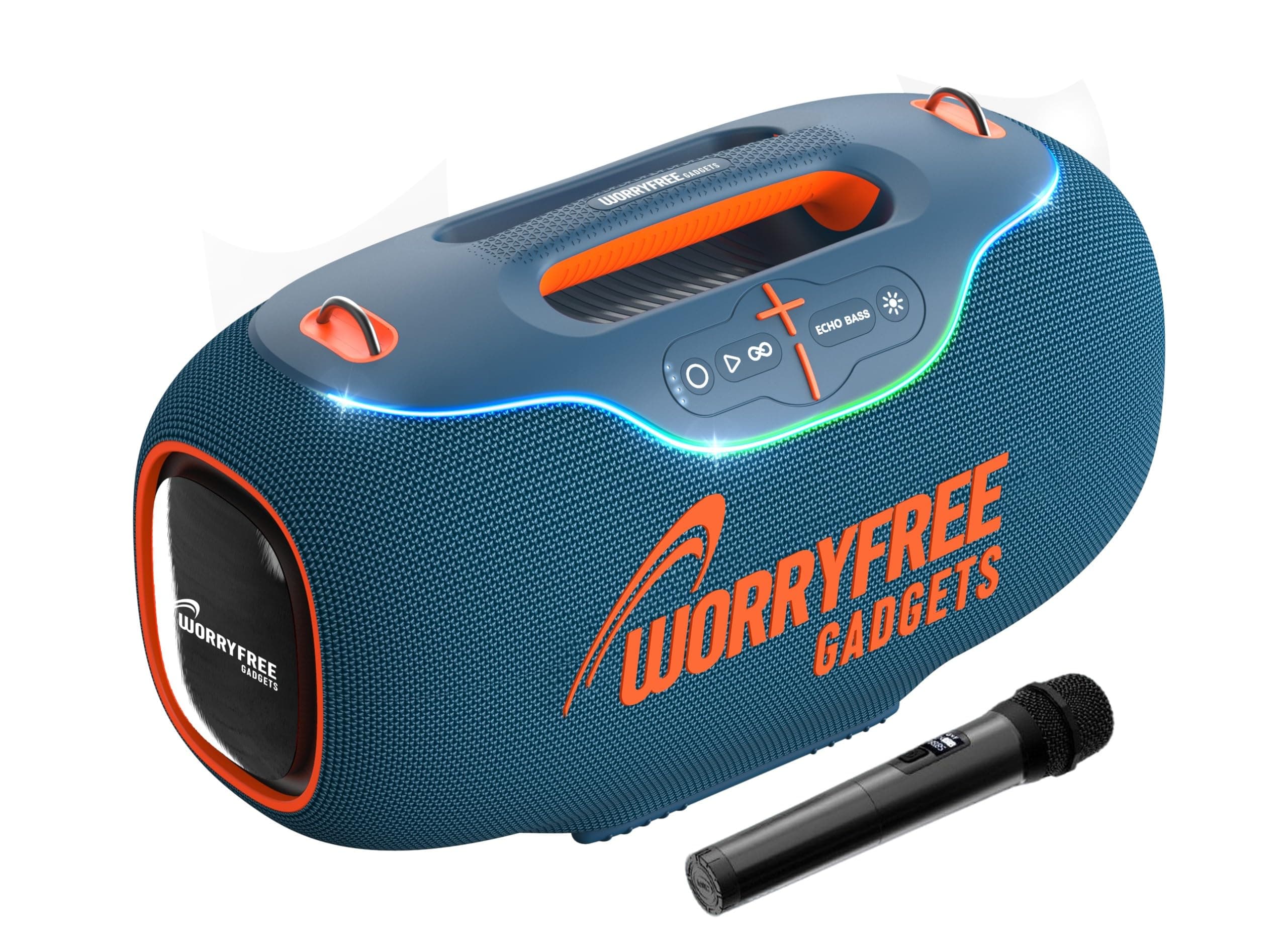 WorryFree Gadgets Portable Bluetooth Speaker with RGB Lights, Mic with EQ & Volume Control, 10M Range, 24-Hour Playtime, 350W, Blue