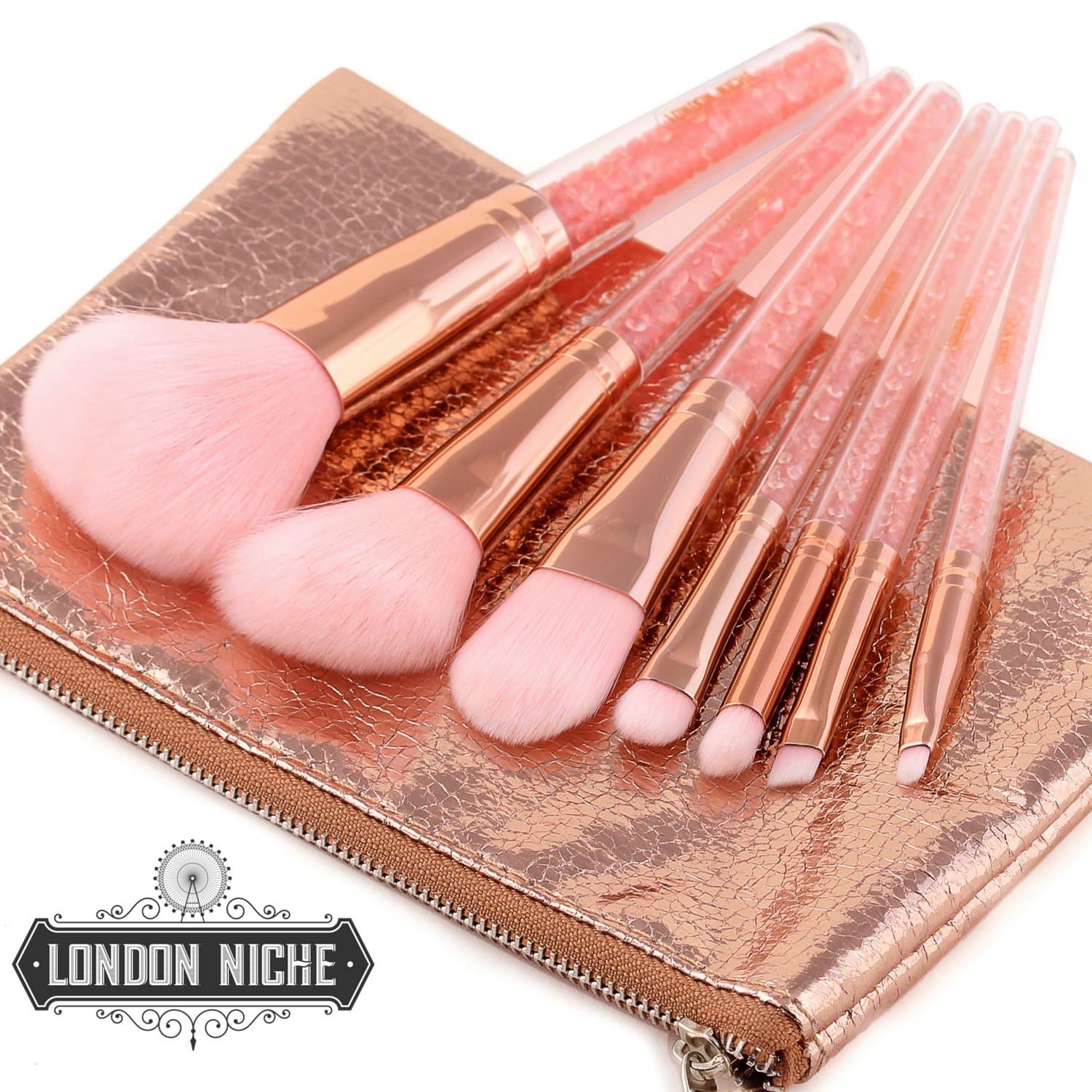 London Niche Makeup Brushes Pink Crystal Vegan & Cruelty-Free Essential 7 Make up Brush set with matching Gold Makeup Bag Foundation Blush Powder Eye Shadow Lip Liner & Blending Brush (7 Brush Set & Pouch)