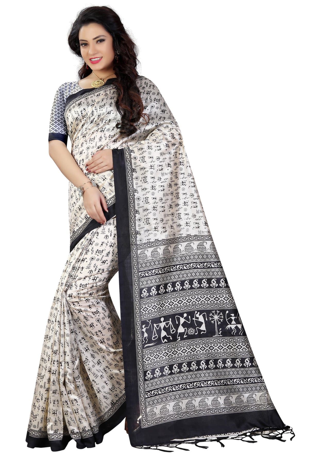Shree Sanskruti jaal with Blouse Piece Saree (Art Silk 2_White and Black_Free Size)