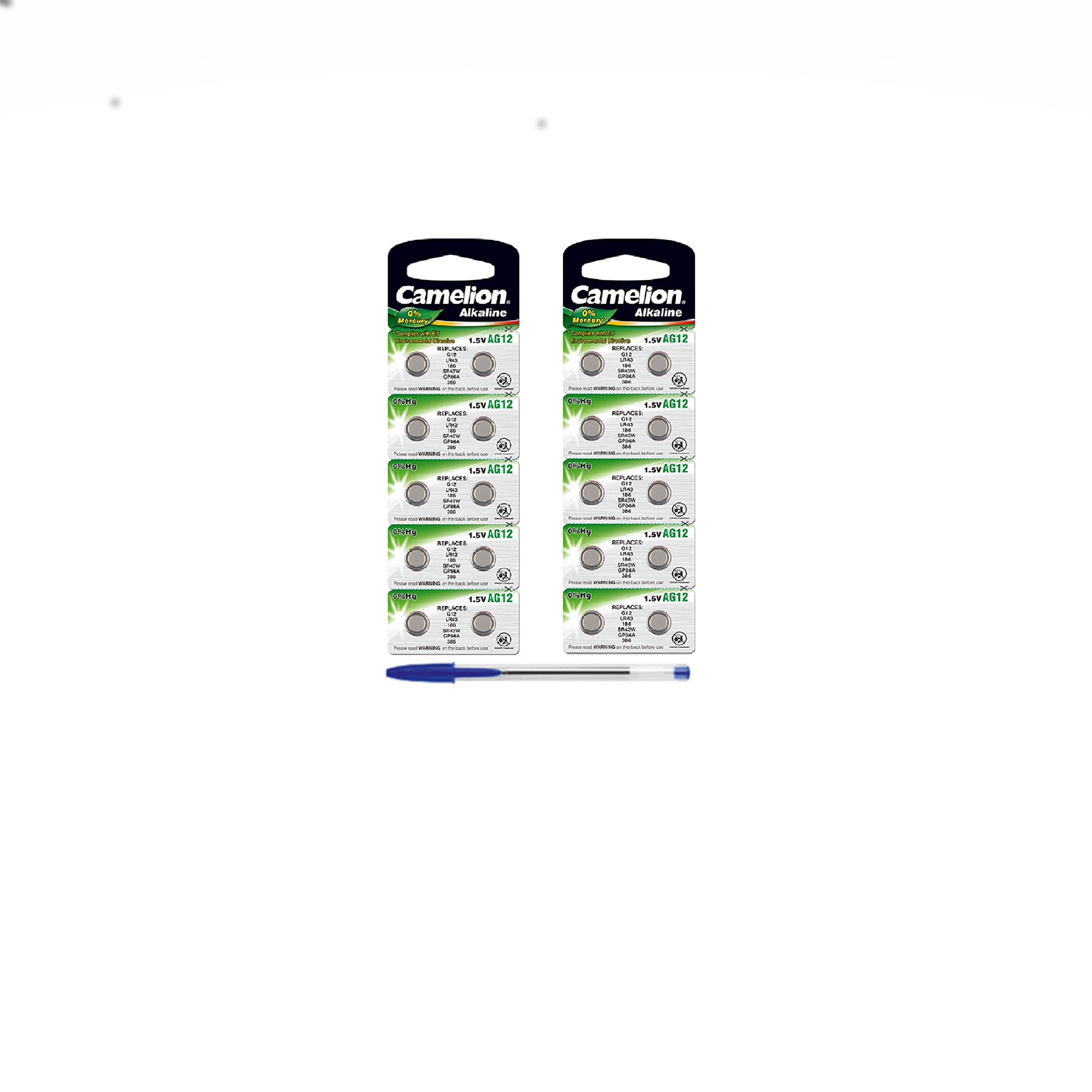 Camelion pack of 20 button cell alkaline batteries LR43 AG12 1.5V with 2 x free ballpoint pens