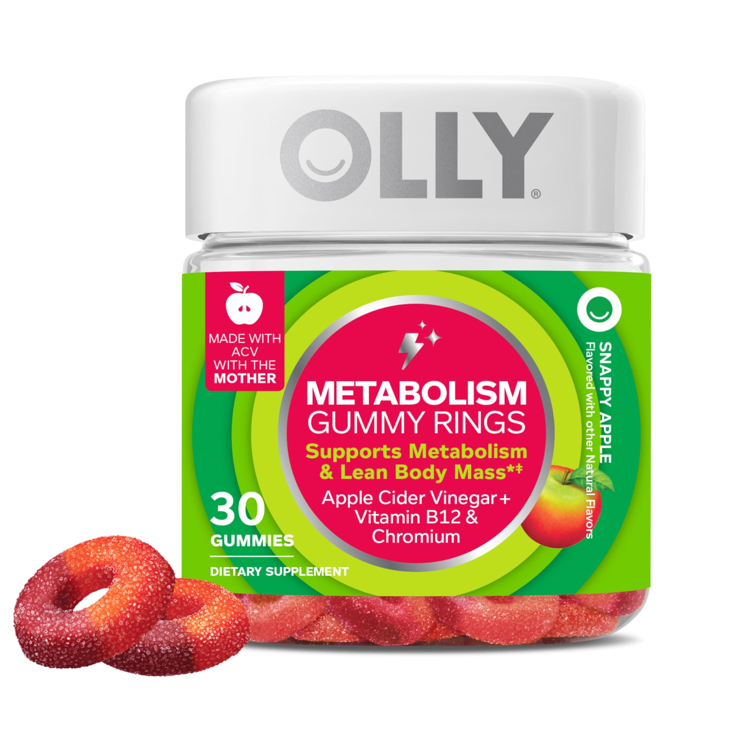 Metabolism Gummy Rings, Apple Cider Vinegar, Vitamin B12, Chromium, Energy and Digestive Health, Chewable Supplement, Apple Flavor - 30 Count