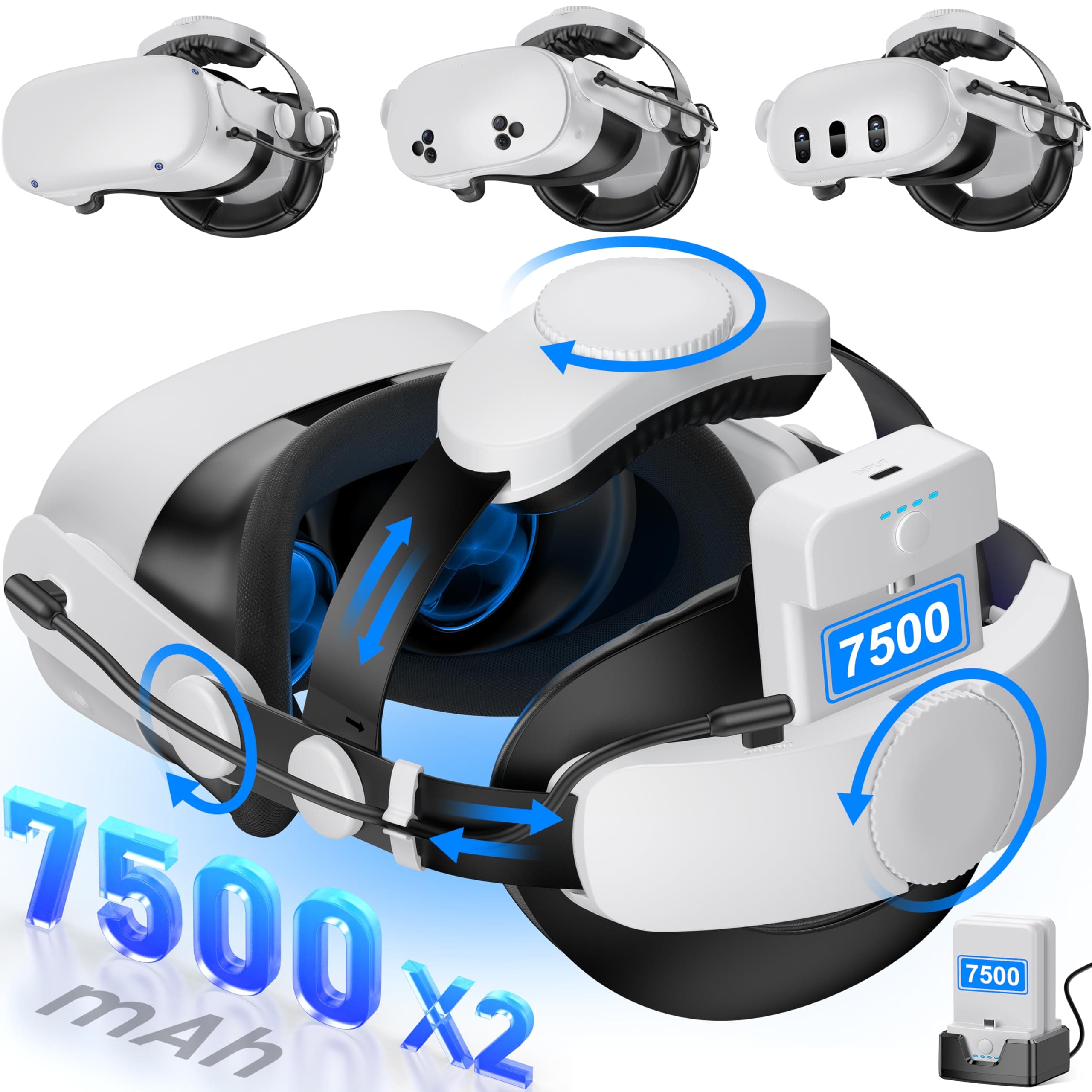 - Kawaye for Meta Quest 3S/3/2 Head Strap with 15000mAh (7500 x 2) Hot-Swap Batteries for 6-8H Playtime,Adjustable VR Headset Strap with Large Support Pad Enhanced Support Reduce Pressure-MQ2002