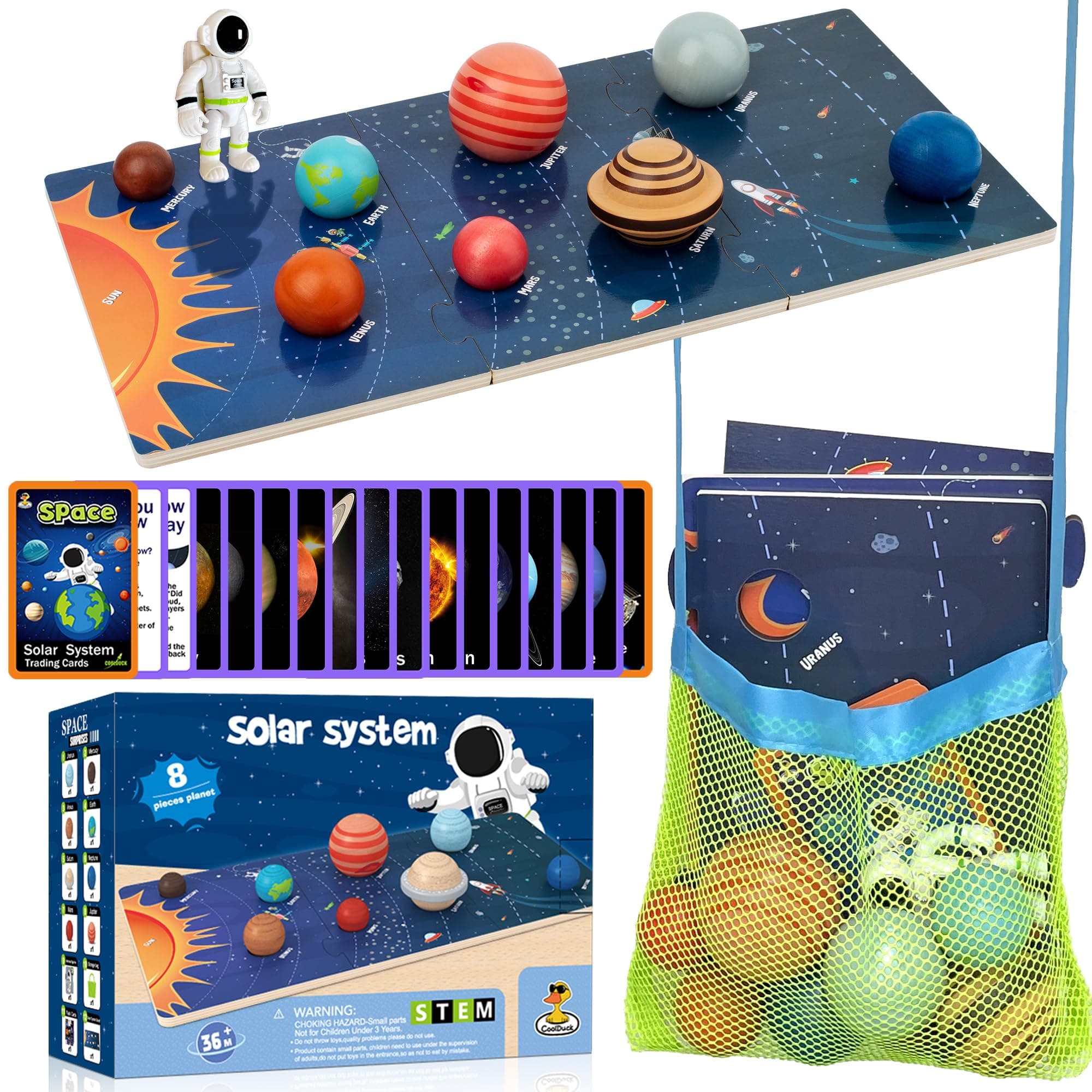 COOLDUCK 30 Pcs Wooden Solar System Model Board Toy Kit, Montessori Planet Balls Toys with Astronaut Figures, Preschool Learning Educational Puzzle, Space Knowledge Flash Cards Learning Toys for Kids