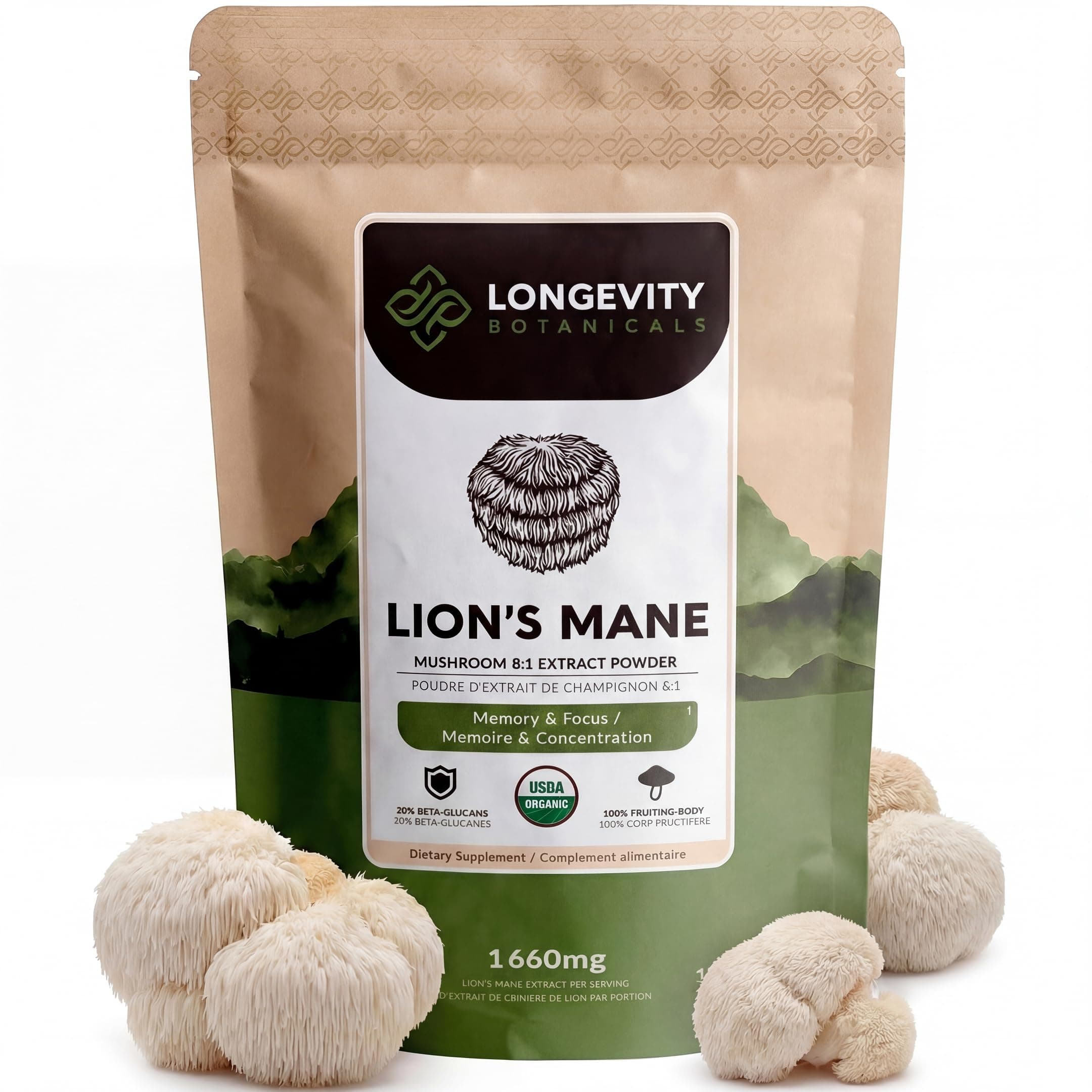 Longevity Botanicals Organic Lion's Mane Mushroom Extract Powder, Adult Strength 100 Gram / 2 Month Supply, Hericium Erinaceus