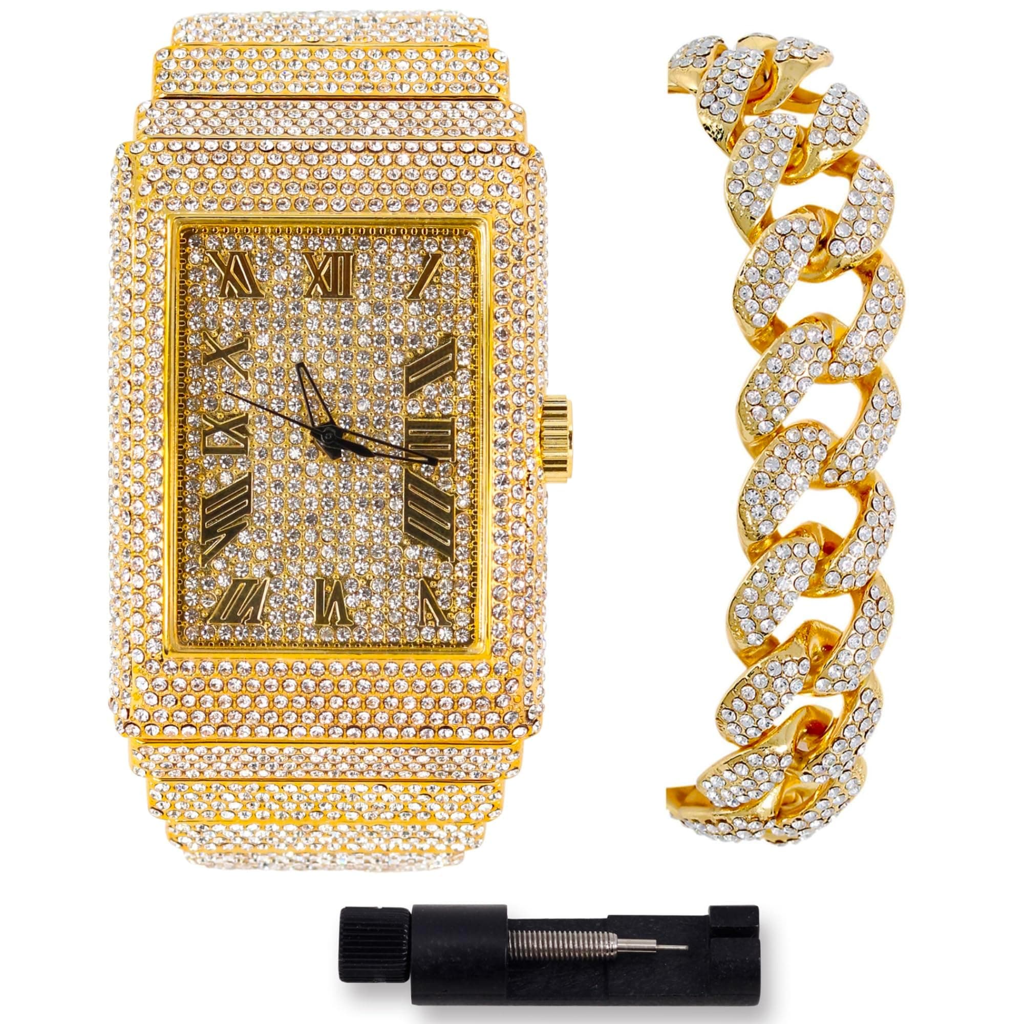 ICE STAR Men's 40mm Fully Iced Out Watch & Bracelet Set, Rectangle Case