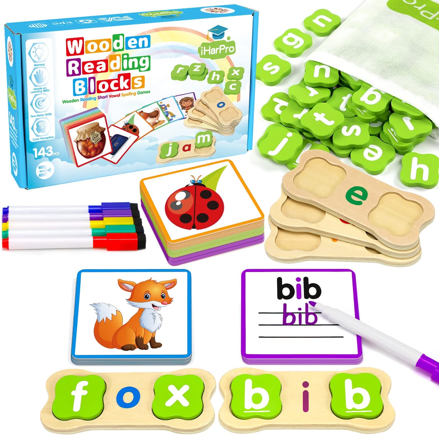 Wooden Bone Shape Reading Blocks for Toddlers, Montessori Short Vowel Letters Sorting Spelling Educational Toys, Sight Word Flashcards Alphabet Puzzle for Kids, Early Learning Gift for 3 4 5 Years Old