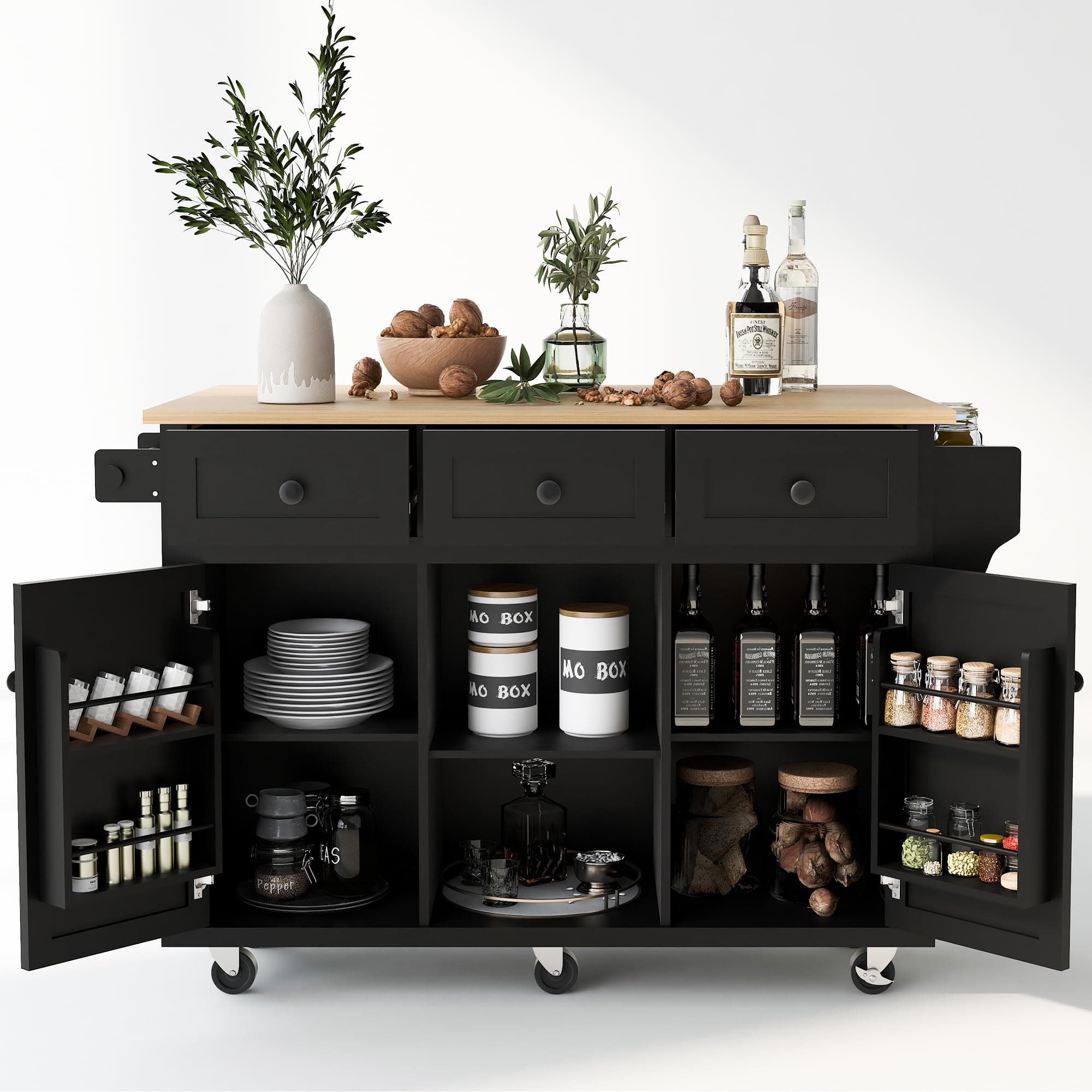 Kitchen Island with Drop Leaf, Rolling Kitchen Cart on Wheels with 3 Drawers and 2 Cabinets, Wood Portable Trolley Island with Door Storage Racks, for Dinning Room, Black