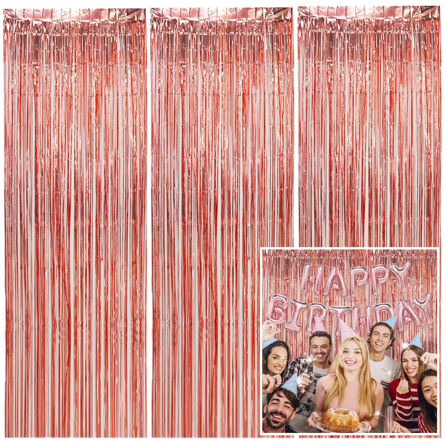 3Pcs Foil Fringe Curtains Backdrop Rose Gold Party Decoration, 3.2 ft x 6.5 ft Metallic Tinsel Curtain Party Backdrop for Happy New Party 2023, Birthday Bachelorette Party Bridal Shower Decorations