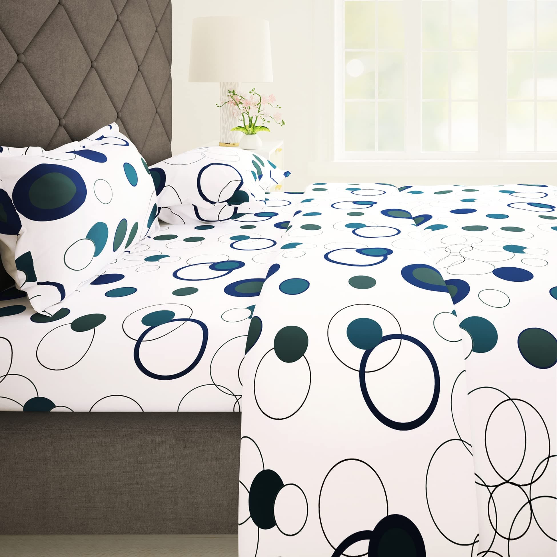 Story@Home Metro Gold 186 TC 100% Cotton Circles Pattern Double Bedsheet With 2 Pillow Cover, White