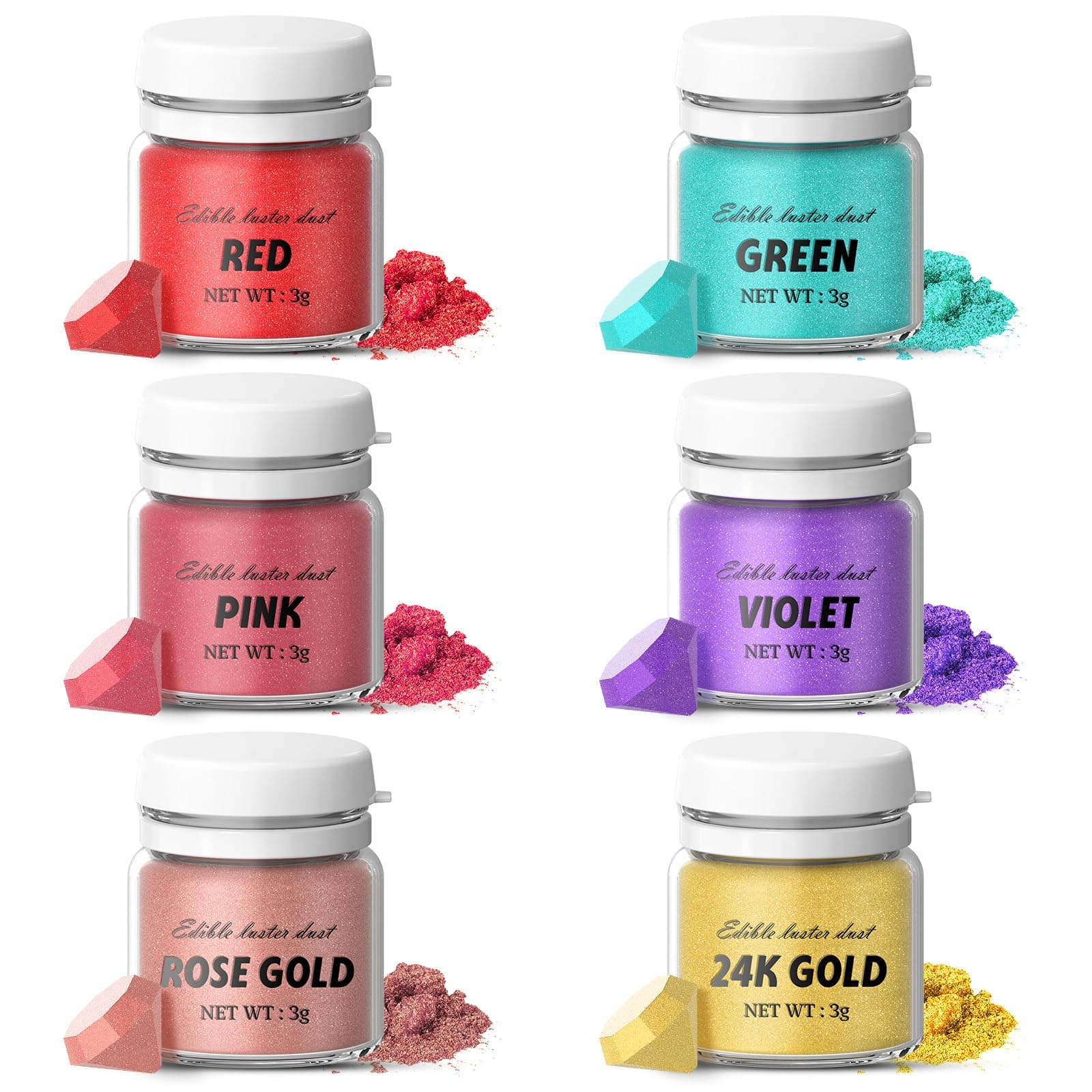 Luster Dust Edible Set-Wayin 6 Colors Edible Glitter Set, Food Grade Shimmer Dust for Drinks Cocktail, Cake Decorating Coloring Powder for Strawberries, Fondant, Chocolate, Candy, Cupcakes (3g/Bottle)