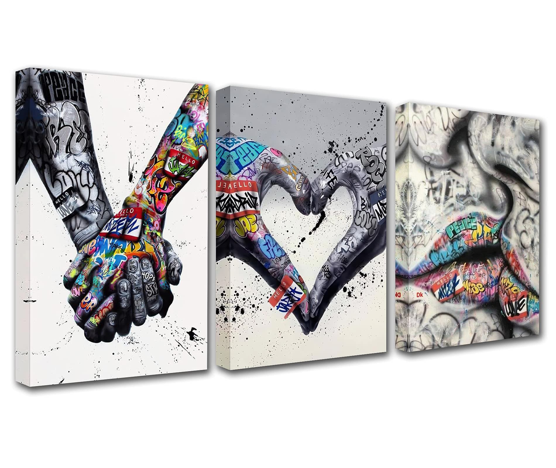 Banksy Street Art Decor Lovers Holding Hands Painting Graffiti Picture Romantic Heart Wall Art 3 Panel Prints on Canvas Holding Hands Artwork Living Room Home Decor Framed Ready to Hang(60''Wx28''H)