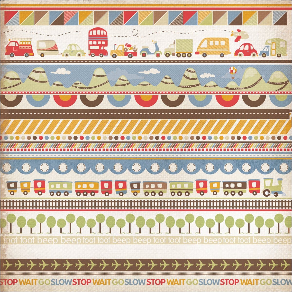 Kaisercraft Little Toot Gloss Varnish Paper, 12-Inch by 12-Inch, Road Trip, 10 Sheets