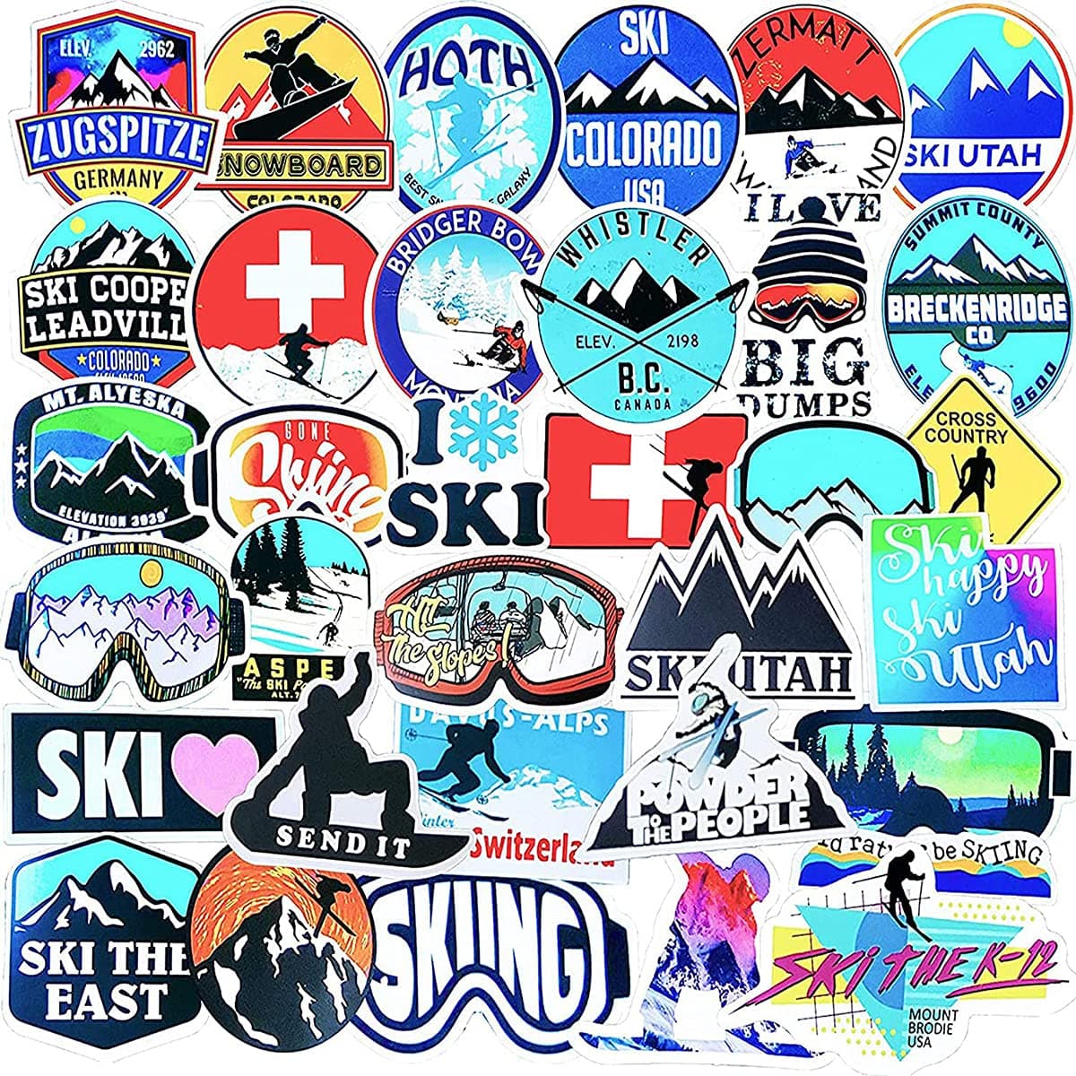 KASTWAVE Skiing Stickers (50pcs) for Helmet Snowboard Adventure Camping Outdoors Travel Hiking Water Bottle Luggage Cooler Ski Helmet. Cool Removable Waterproof Vinyl Decals for Adults, Kids