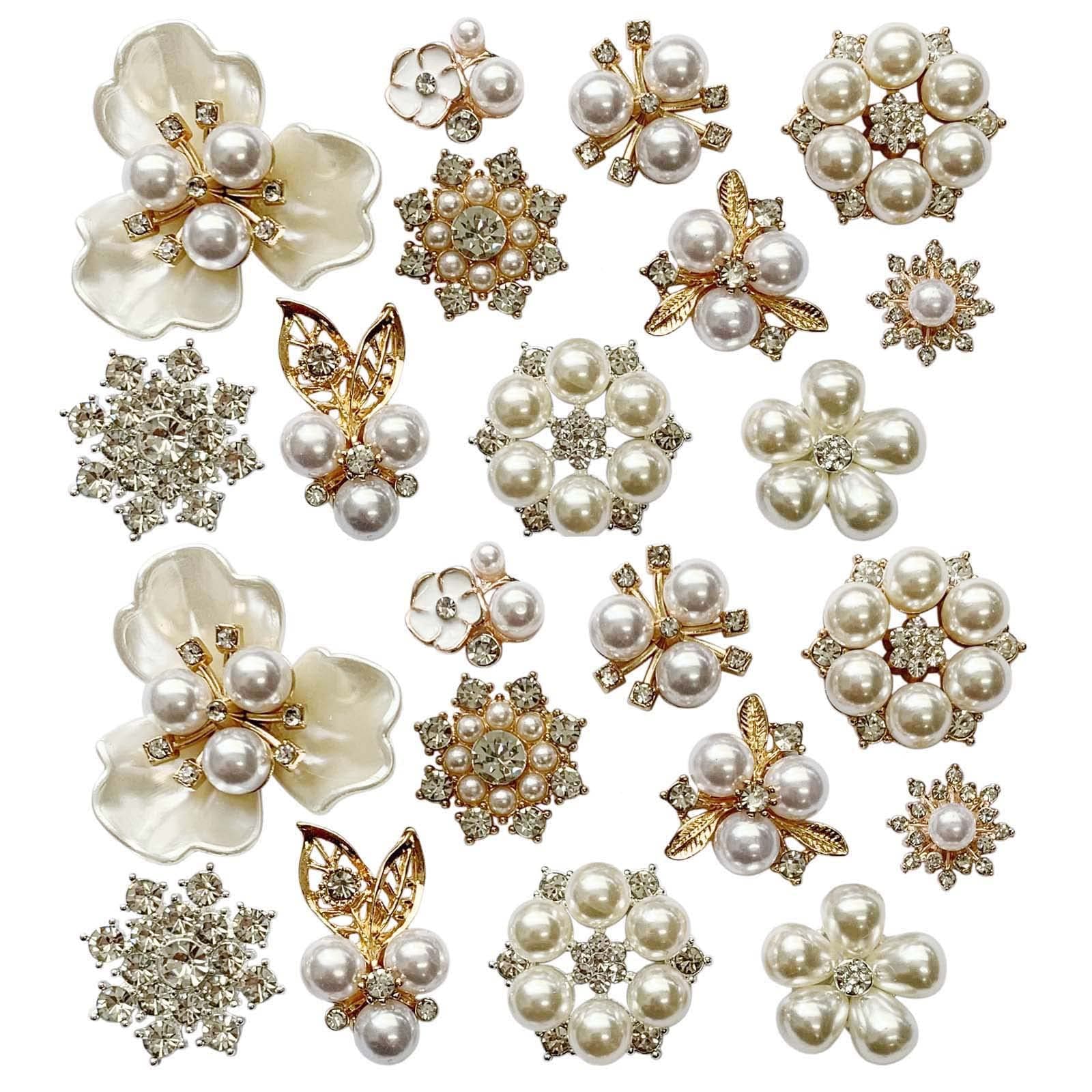 Qililandiy 22 Pieces Pearl Rhinestone Buttons Rhinestone Faux Pearl Embellishments Pearl Brooch Alloy Floral Charms Pendants for Jewelry Making