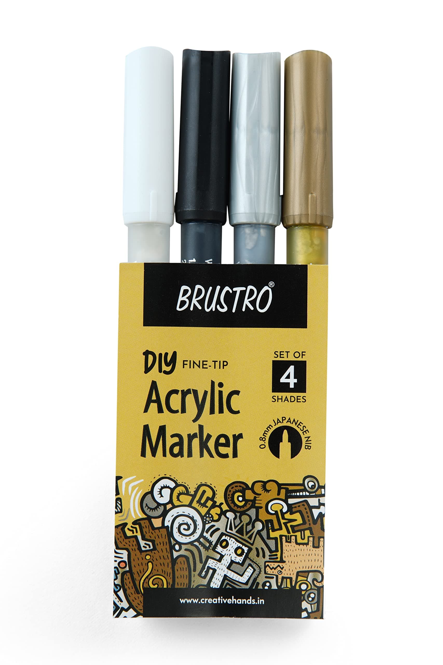 BRUSTROAcrylic (DIY) Fine Tip Marker Set of 4 - Gold, Silver, Black, White - 0.8MM |Water-Resistant,Matte Finish,UV Resistant,Non-Toxic Colours|Ideal for Craftworks,School, Works on Glass & Plastic