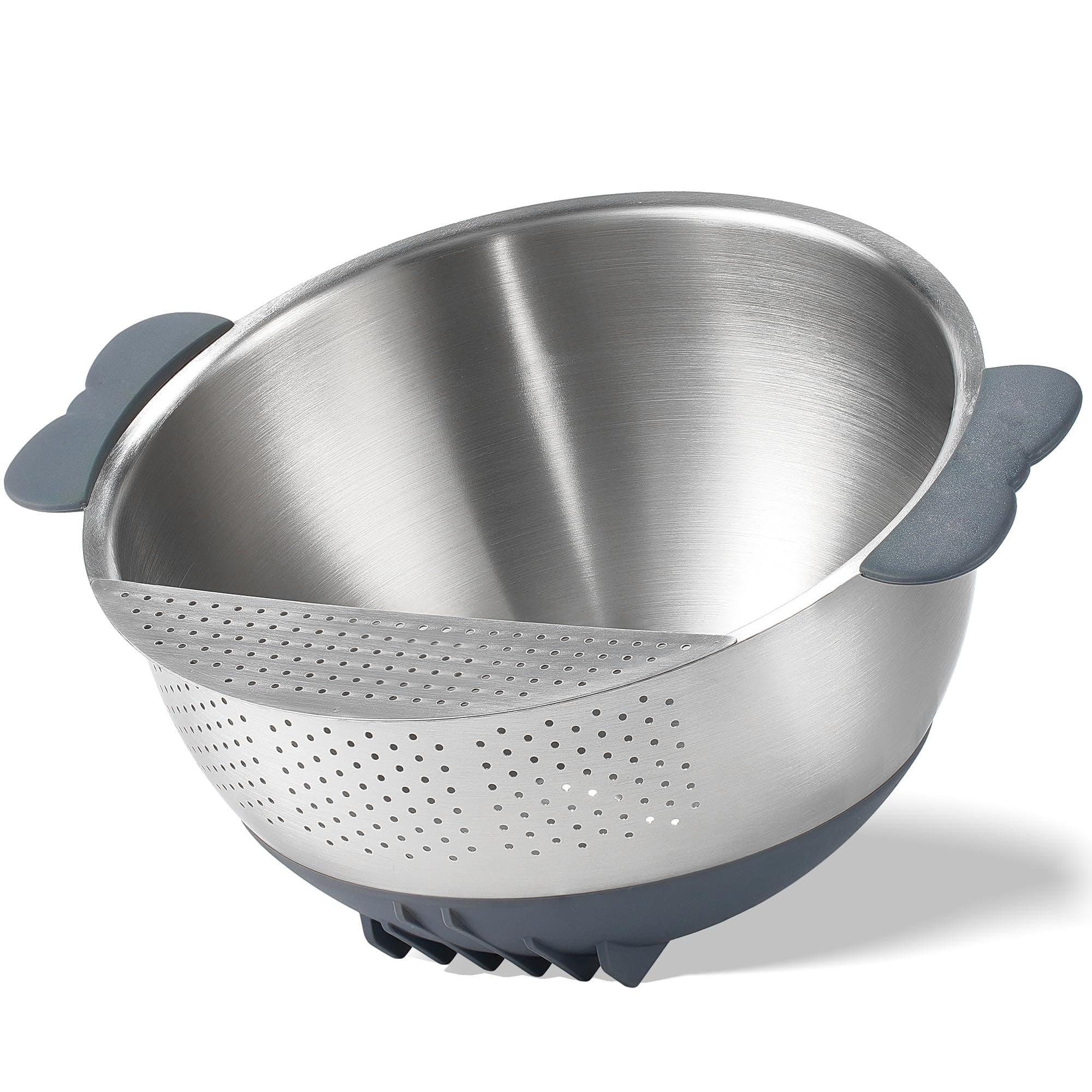 Rice Washer Strainer Bowl Quinoa Washing Bowl 18/10 Stainless Steel Colander Versatile Good Grips Side Drainers for Cleaning Rinsing Fruits, Vegetables, and Beans - Tilting Non-slip Silicone Bottom