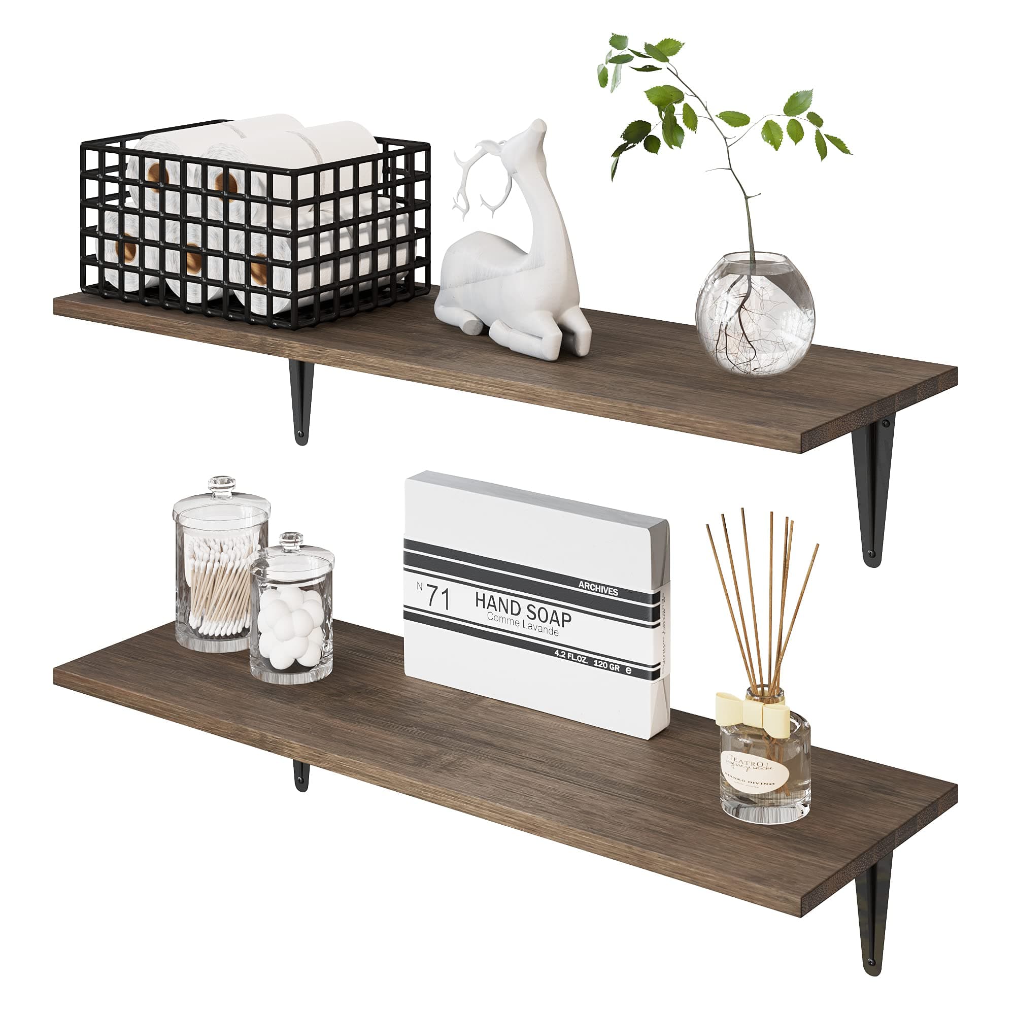 BAMFOX Floating Shelves Wall Mounted Set of 2, Rustic Bamboo Wall Storage Shelves for Bedroom, Living Room, Bathroom, Kitchen, Office and More โฆ (Mocha, Width 7.7)