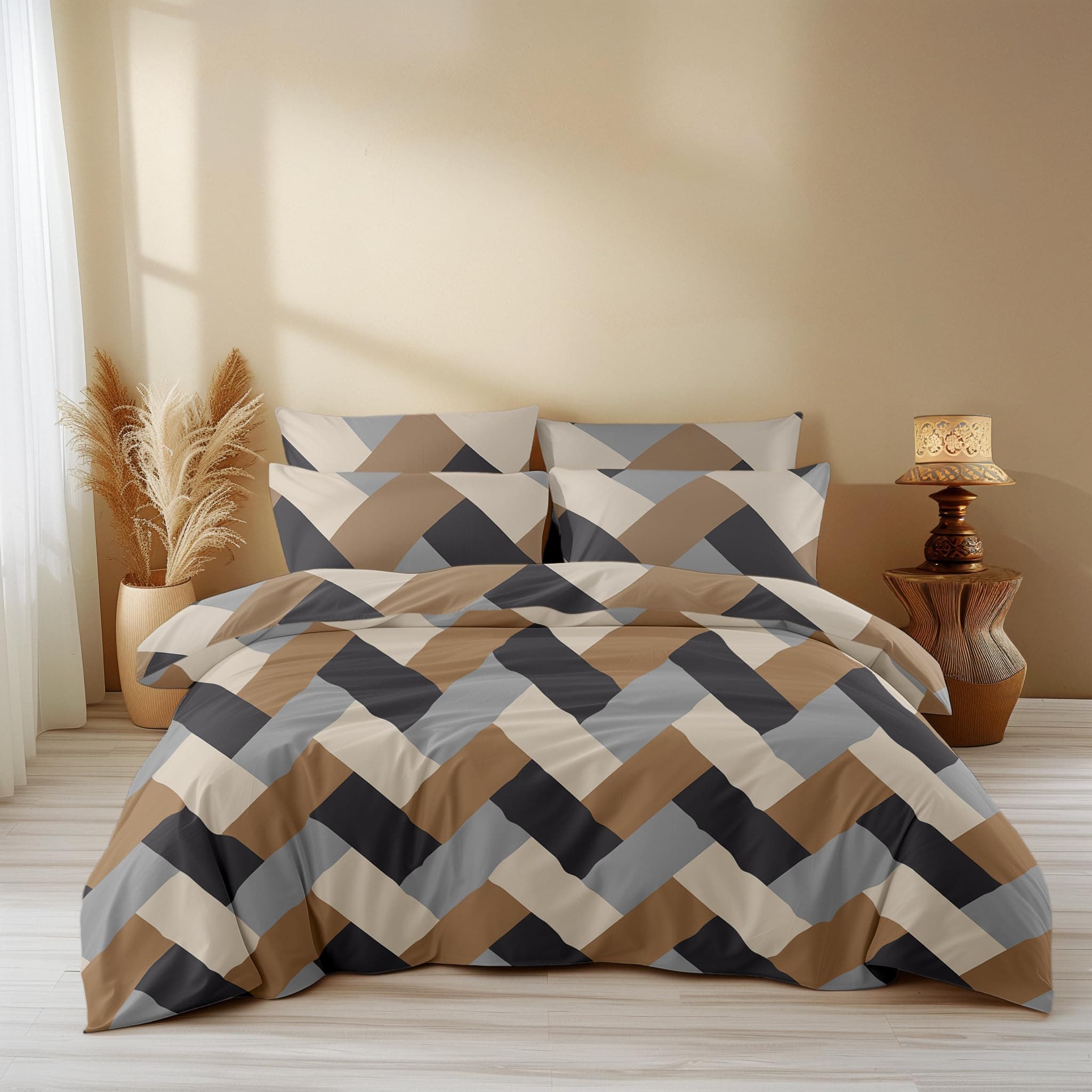 LOOMLYFE 300 TC All Season King Size AC Comforter || Blanket || Duvet with 1 King Size Elastic Fitted Bedsheet and 2 Large Pillow Cover - 4 Piece Comforter Set - BrownGreyCross