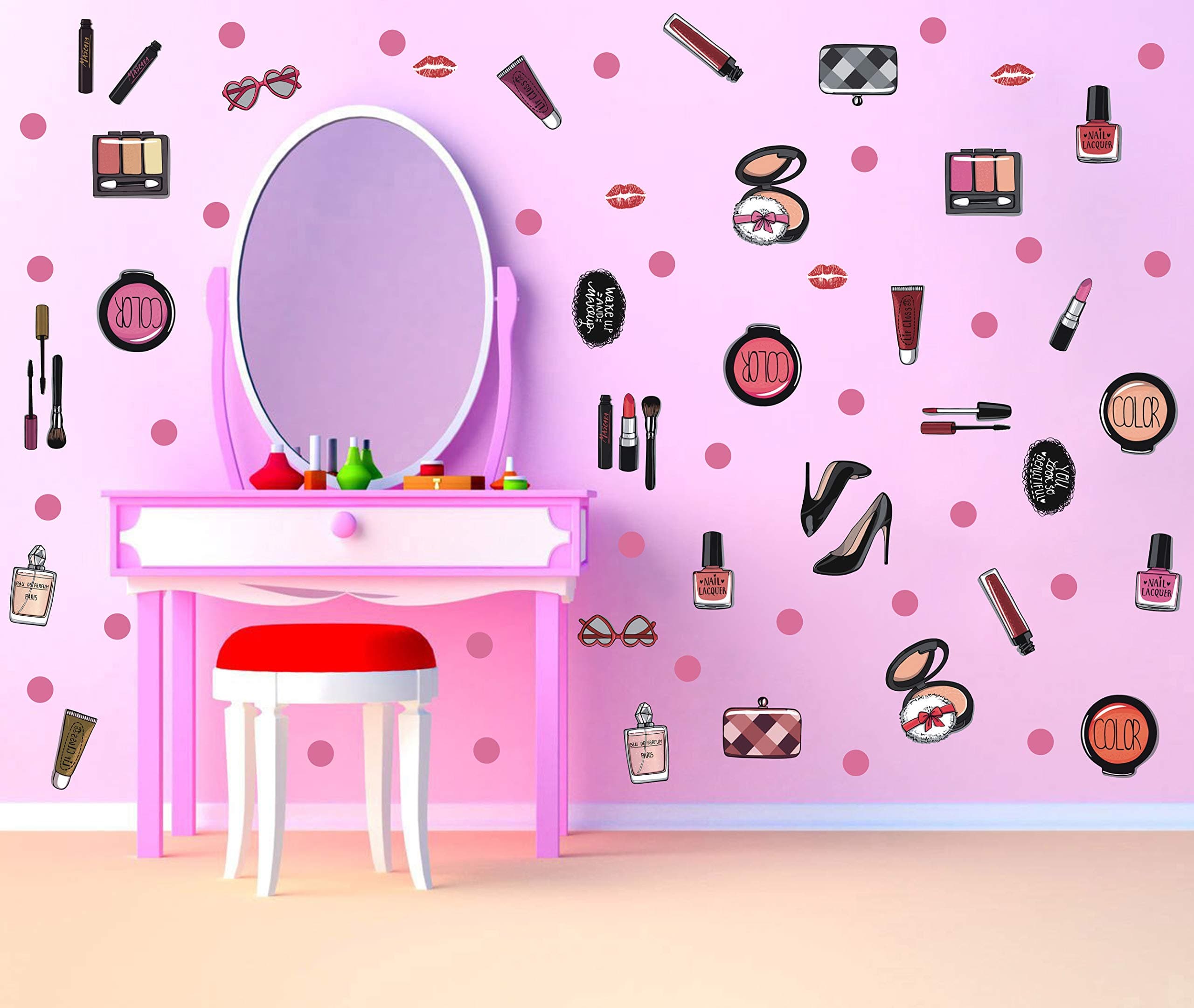 TOARTi Colorful Fashion Cosmetic Wall Decal Beauty Salon Centre Makeup Wall Sticker, Lipstick Handbag Perfume Dots Decal for Girls Women (81pcs)