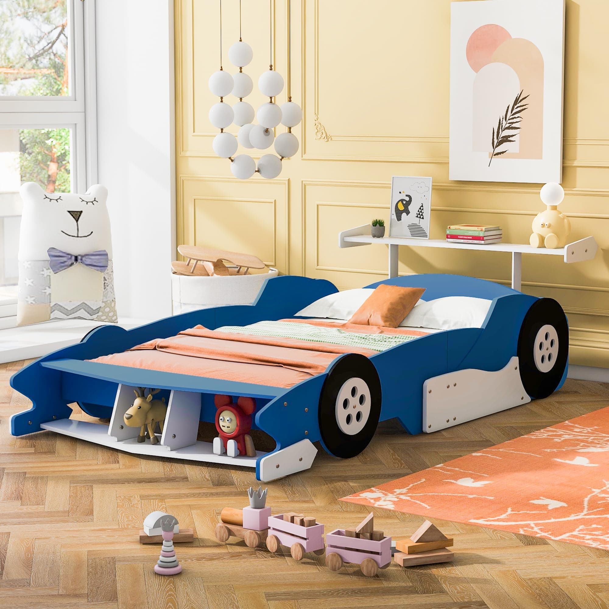 Full Size Race Car Bed for Boys,Cool Car Bed Frame with Storage Shelves,Car Shaped Kids Bed Full Size,Car Bed Full with Wheels for Kids,Girls,Blue