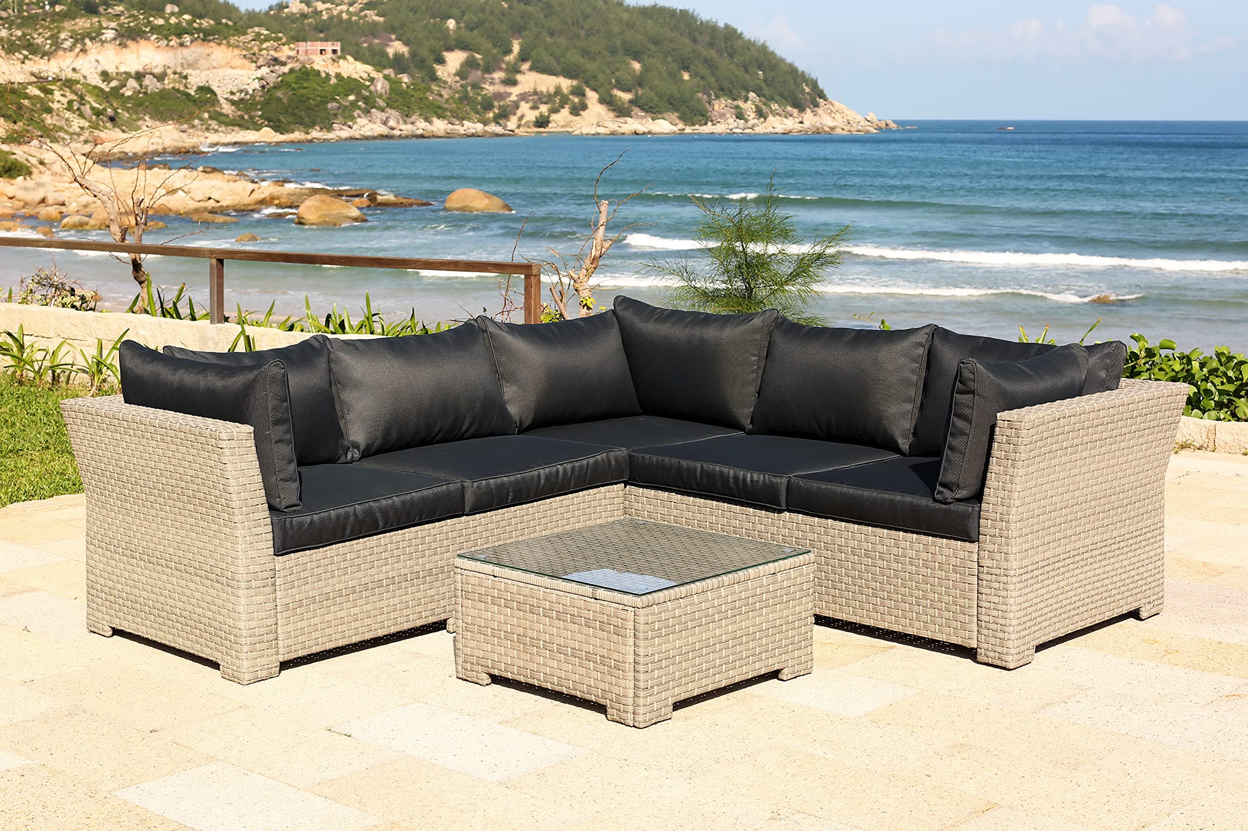 Chesterton Luxury 5 Seater Deepseating Rattan Garden Lounge Set with Cushions, Black, 230 x 146 x 67 cm *UPDATED fabric*, Black