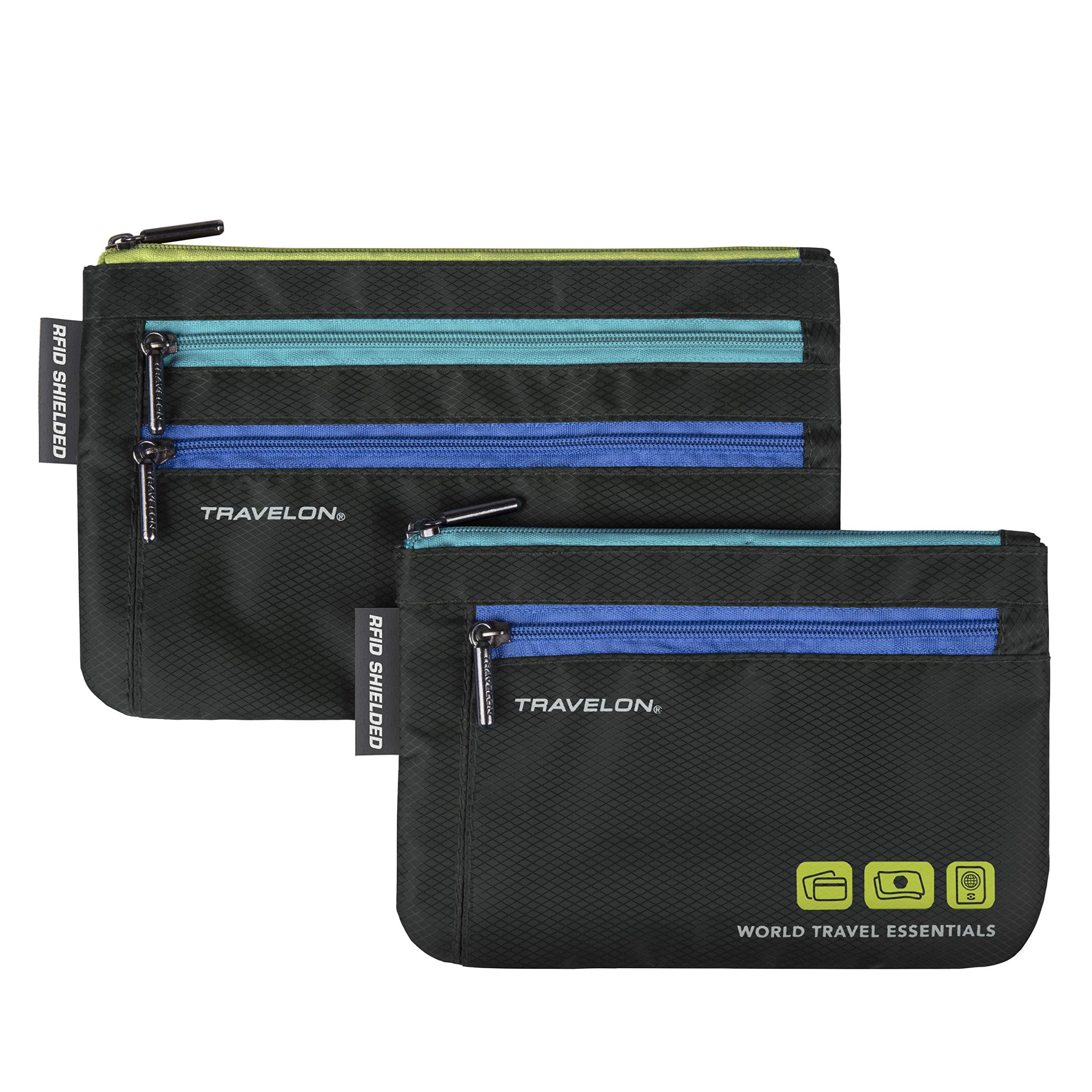 Travelon World Travel Essentials Set of 2 RFID Shielded Currency and Passport Organizers, Black, Small 6.5 x 4.75 Large 7.75 x 5