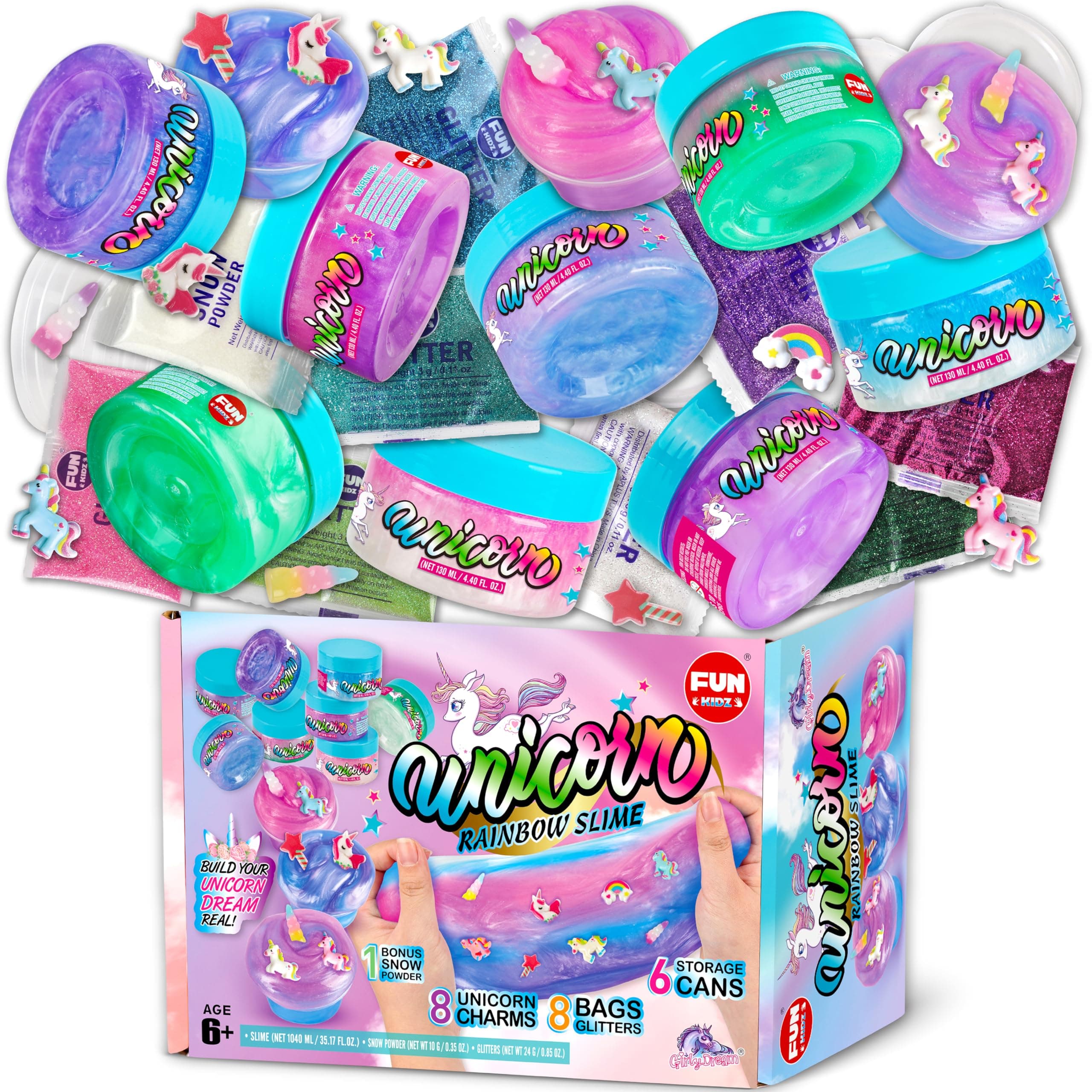 Girls Cloud Fluffy Slime Pack, FunKidz Premade Unicorn Slime 4 x 8.79 FL OZ Bottles Tricolor Rainbow Slime Gifts Toys for Kids